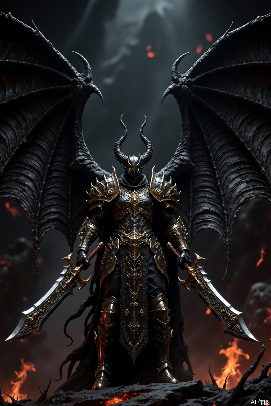 Super detailed, intricate details, demon general, huge black demon wings spread out, huge ornate sword, posing to stand, exquisite armor, Berserker helmet, super detailed armor texture, gothic style, hell battlefield, dark aesthetics, industrial-grade details, movie-grade lighting, 8k resolution,em,