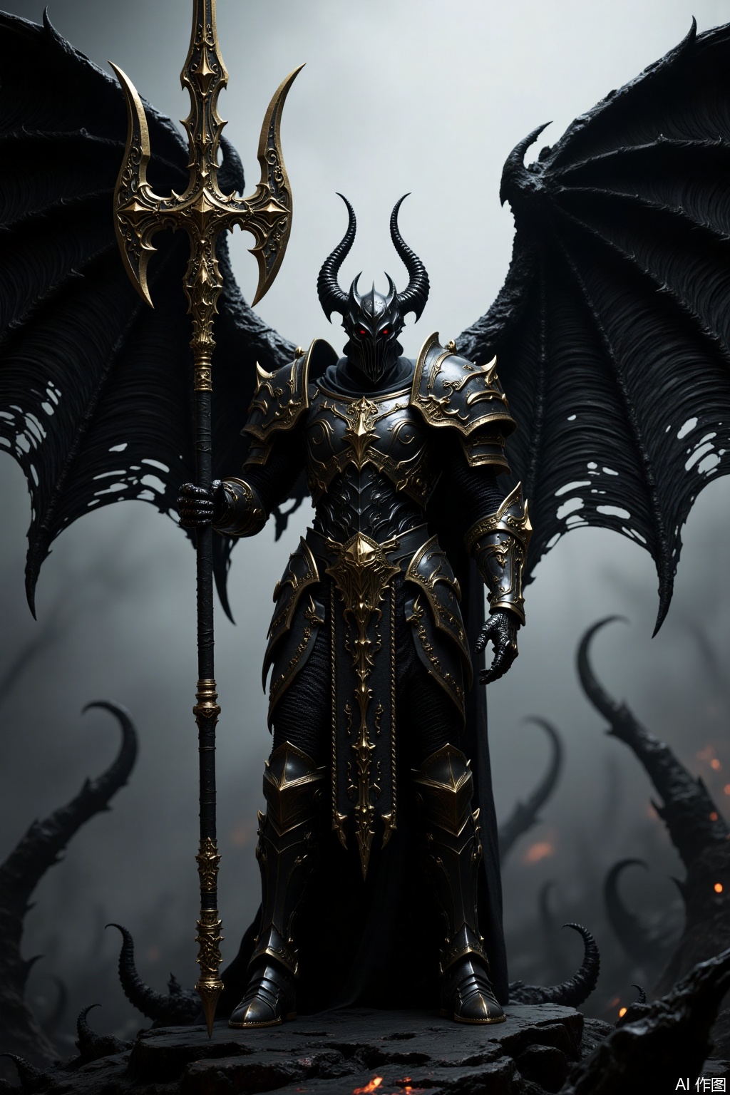 Super detailed, intricate details, demon general, huge black demon wings spread out, huge ornate battle halberd, posing to stand, exquisite armor, Berserker helmet, super detailed armor texture, gothic style, hell battlefield, dark aesthetics, industrial-grade details, movie-grade lighting, 8k resolution.em,