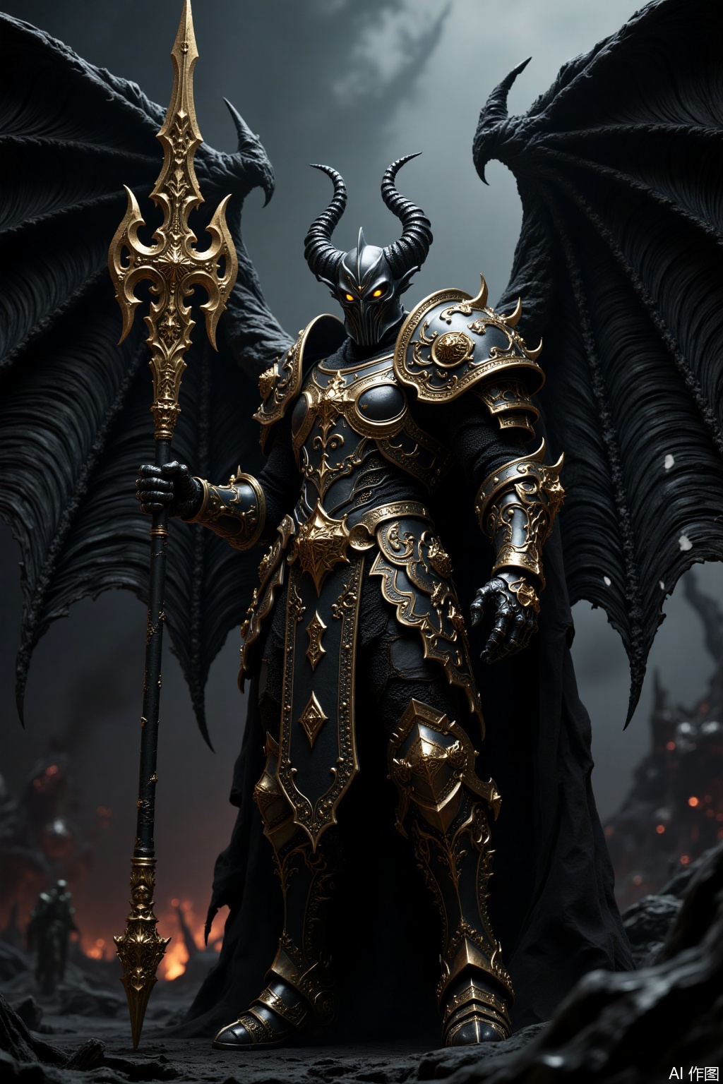 Super detailed, intricate details, demon general, huge black demon wings spread out, huge ornate battle halberd, posing to stand, exquisite armor, Berserker helmet, super detailed armor texture, gothic style, hell battlefield, dark aesthetics, industrial-grade details, movie-grade lighting, 8k resolution.em,