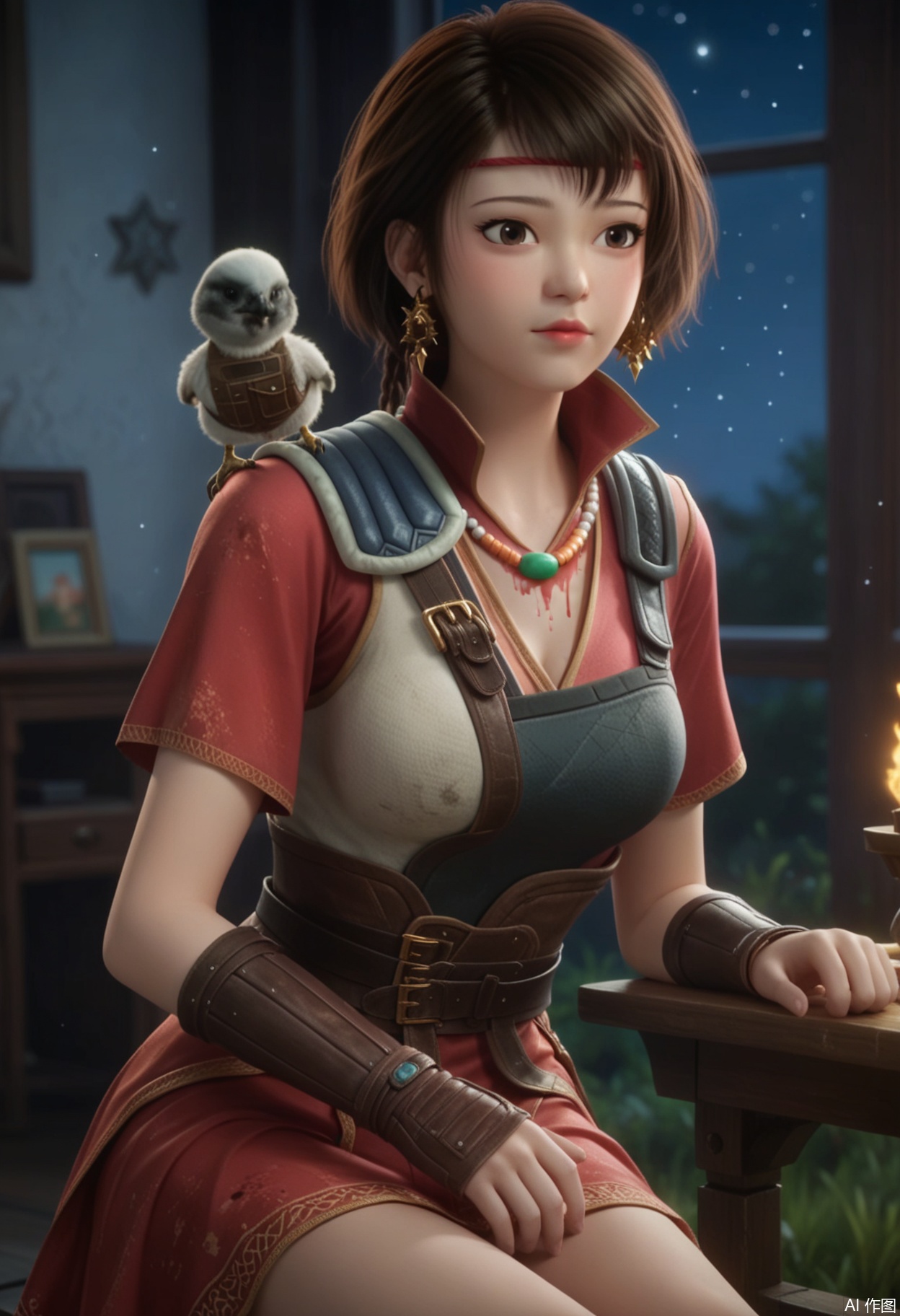 score_9,score_8_up,score_7_up,highly detailed,ultra-high best quality,masterpiece,realistic,ultra-fine painting,extreme detail description,Professional,Vivid Colors,(((extremely detailed CG unity 8k wallpaper))),an extremely delicate and beautiful,official art,sweet and delicate girl,delicate facial features,perfect bright figure,surrounded,Bright,romantic long hair,natural light,warm and sweet,a girl,((ink)), hongying,
maiduo,
1girl, solo,short dress, short hair, brown hair, brown eyes, jewelry, earrings, indoors, necklace, armor,lips, headband, bird, shoulder armor, pauldrons, realistic, shoulder pads, animal on shoulder, bird on shoulder,
(in a meadow:1.3),(night:1.2),(stars:1.5),((perfect legs:1.2)),(large breasts:1.2),
