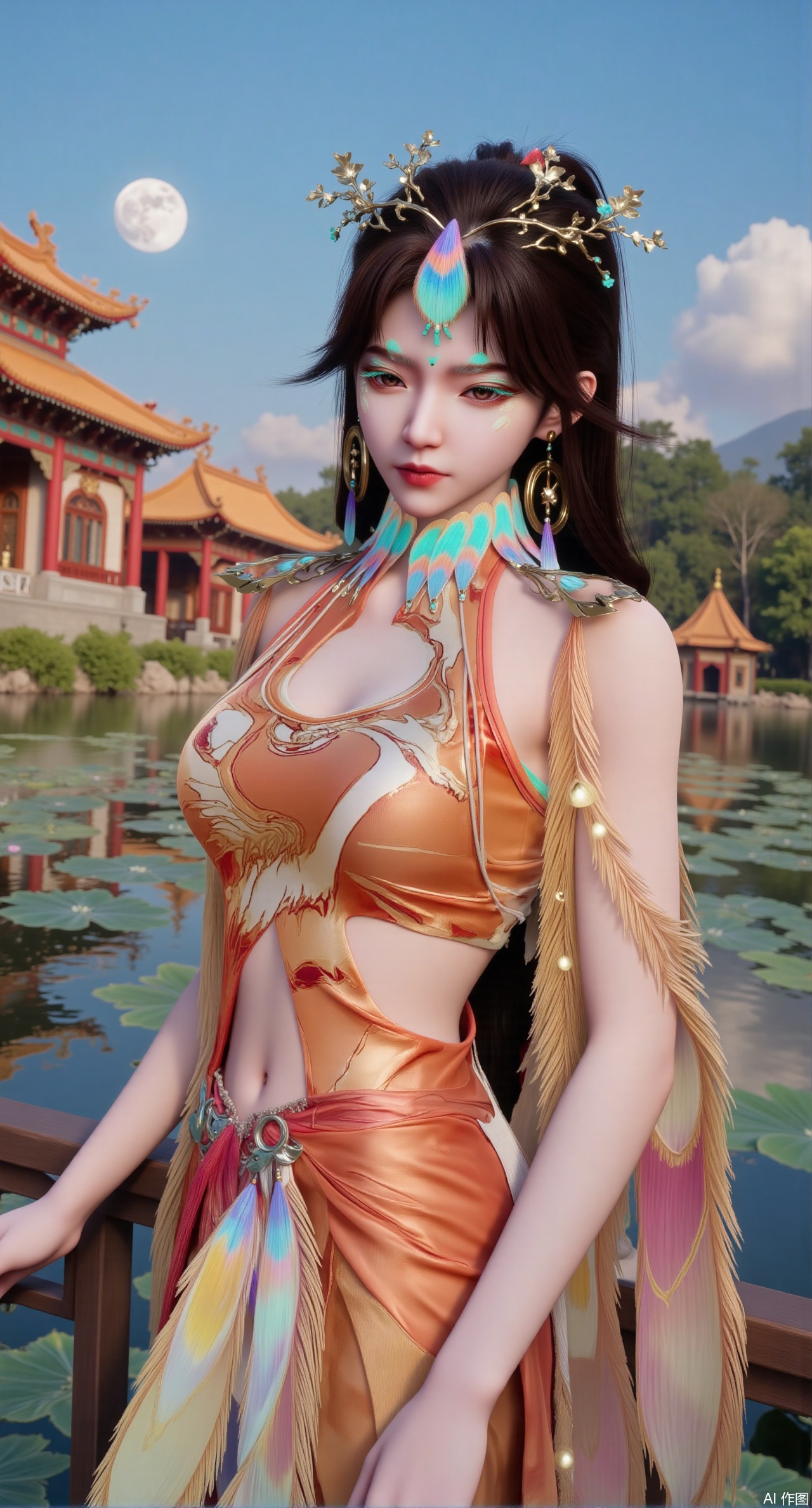 sfw,(masterpiece, best quality:1.2),1girl, navel, solo, midriff, bare shoulders, hair ornament,(long hair),(High double ponytail:1.49), red lips,
BREAK, (looking at viewer:1.39), chinese clothes,(long dress:1.36), (lace:1.28),
BREAK,blurry, solo focus, long hair, lips, daytime, lipstick, outdoors, standing,upper body,(huge breasts:2.99), (full breasts:2.99),background, solo, makeup,Xyunxiao,(Lotus,Water Lily,Blue sky,full moon:1.39),(Lotus pond,ancient Chinese architecture:1.39),Xmupeiling,XsongyuYK,XqiyueFHK