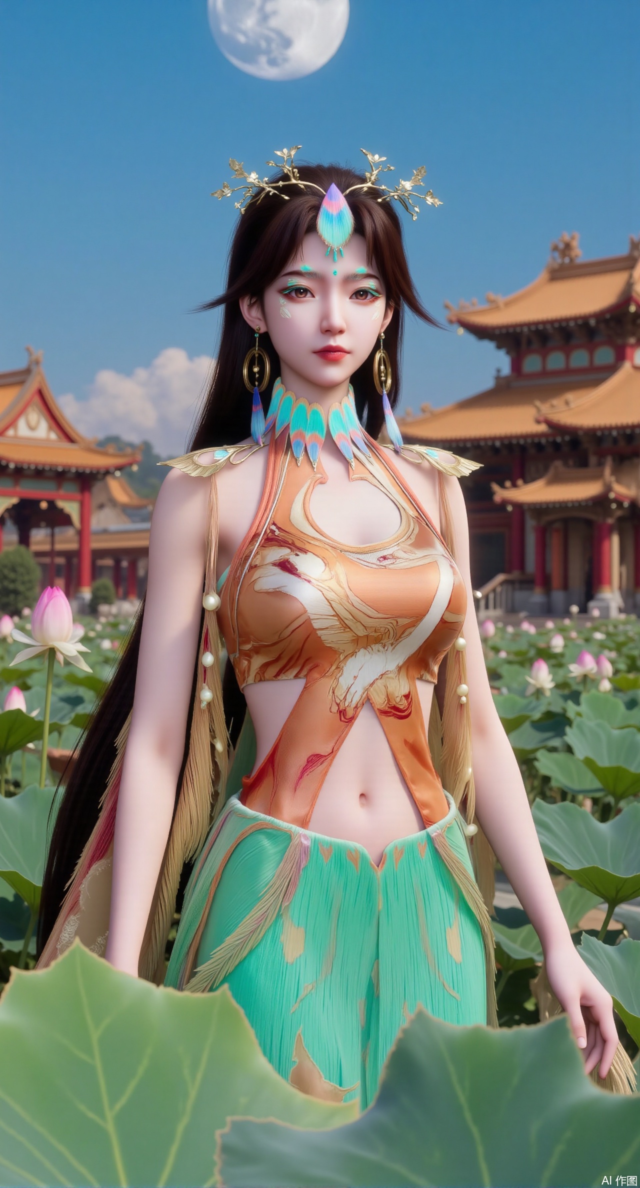 sfw,(masterpiece, best quality:1.2),1girl, navel, solo, midriff, bare shoulders, hair ornament,(long hair),(High double ponytail:1.49), red lips,
BREAK, (looking at viewer:1.39), chinese clothes,(green dress:1.36), (lace:1.28),
BREAK,blurry, solo focus, long hair, lips, daytime, lipstick, outdoors, standing,upper body,(huge breasts:2.99), (full breasts:2.99),background, solo, makeup,Xyunxiao,(Lotus,Water Lily,Blue sky,full moon:1.39),(Lotus pond,ancient Chinese architecture:1.39),Xmupeiling,XsongyuYK,XqiyueFHK