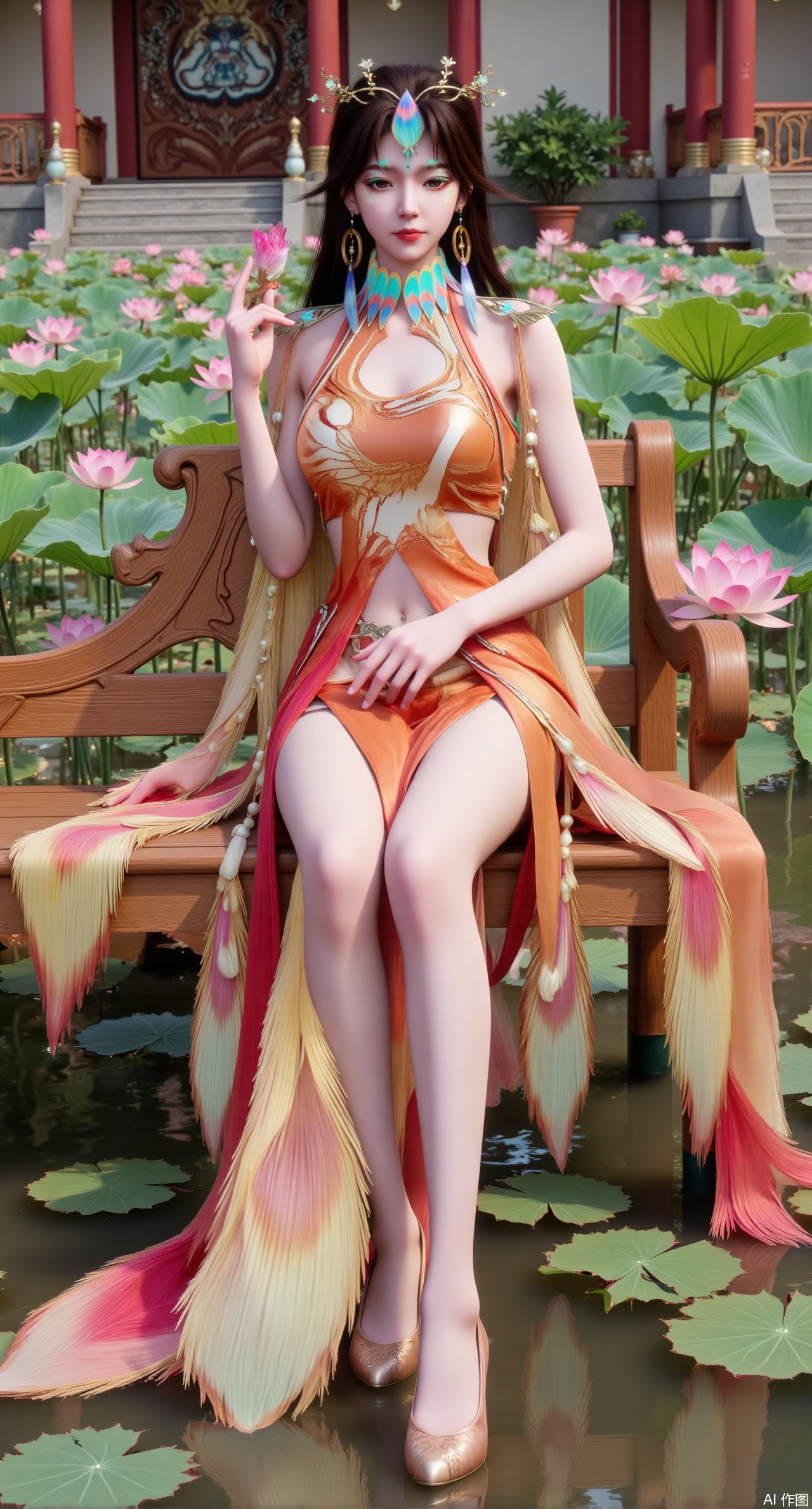 (masterpiece:1.2),best quality,The image is a digital illustration of a young woman sitting on a wooden bench in a pond with lily pads. She is wearing a long dress with design on the chest and sleeves. The dress has a high neckline and short sleeves,Holding a lotus in hand. She has long dark hair styled in loose waves and is wearing gold high heels. The woman is posing with one hand on her hip and the other resting on the edge of the bench. The background is filled with pink and white lotus flowers and green leaves. The overall mood of the image is peaceful and serene,(huge breasts:2.99),(full breasts:2.99),(Background with traditional Chinese architecture, lotus pond and pink lotus flowers:1.39),Xmupeiling,XsongyuYK,XqiyueFHK