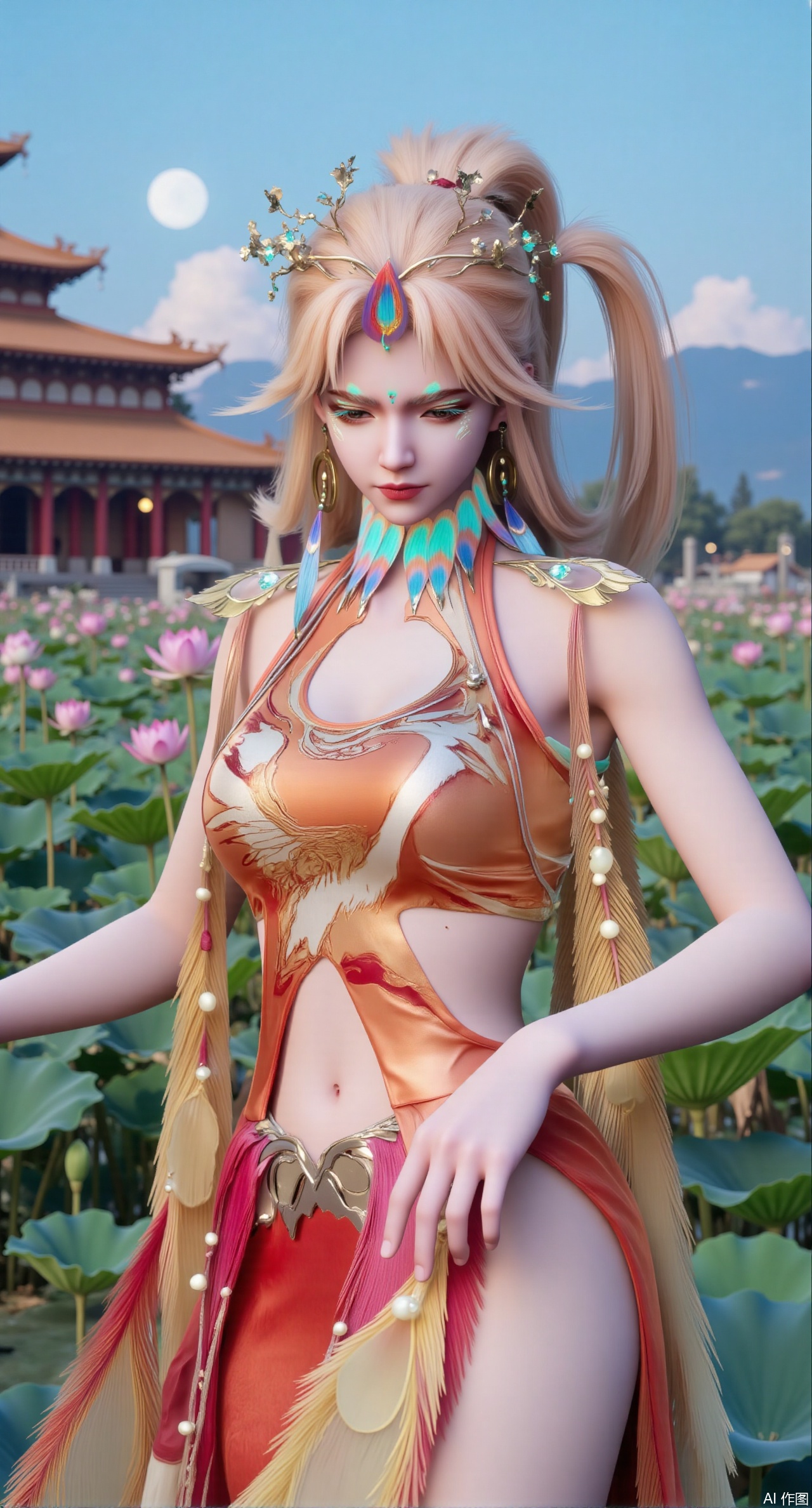 sfw,(masterpiece, best quality:1.2),1girl, navel, solo, midriff, bare shoulders, hair ornament,(long hair),(High double ponytail:1.49), red lips,
BREAK, (looking at viewer:1.39), chinese clothes,(long dress:1.36), (lace:1.28),
BREAK,blurry, solo focus, long hair, lips, daytime, lipstick, outdoors, standing,upper body,(huge breasts:2.99), (full breasts:2.99),background, solo, makeup,Xyunxiao,(Lotus,Water Lily,Blue sky,full moon:1.39),(Lotus pond,ancient Chinese architecture:1.39),Xmupeiling,XsongyuYK,XqiyueFHK