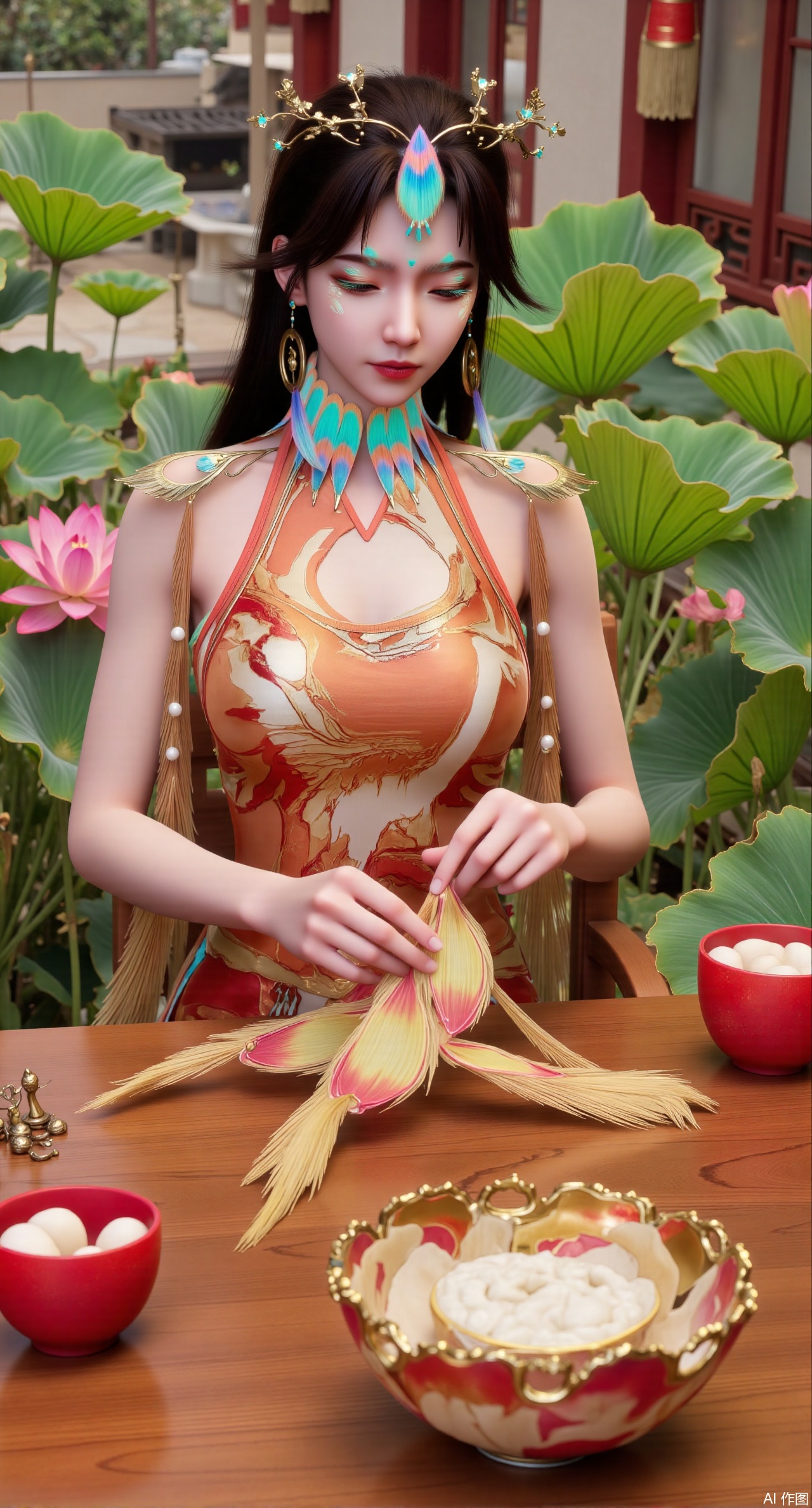 (masterpiece:1.2),best quality,A digital CGI image portrays a fair-skinned Chinese woman with jet-black hair elegantly styled in a chignon. She wears a traditional Chinese cheongsam featuring intricate floral patterns. The scene captures her wrapping zongzi at a rustic wooden table, surrounded by lush green leaves and bowls filled with glutinous rice. The environment is rich with details, including the texture of the table, the vivid colors of the leaves, and the warm tones of the room, emphasizing the festive ambiance of the Dragon Boat Festival.(huge breasts:2.99),(full breasts:2.99),(Background with traditional Chinese architecture, lotus pond and pink lotus flowers:1.39),Xmupeiling,XsongyuYK,XqiyueFHK