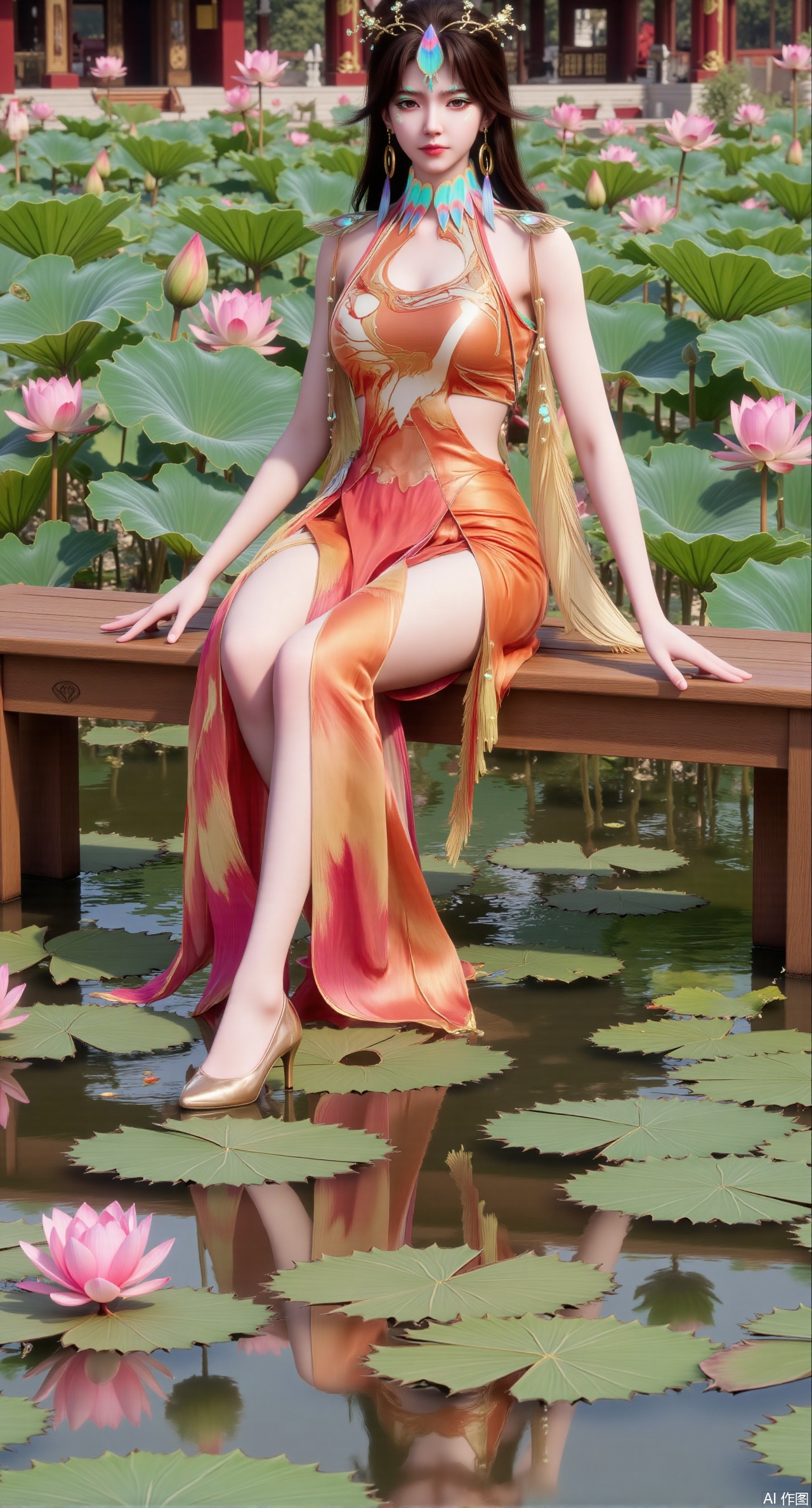 (masterpiece:1.2),best quality,The image is a digital illustration of a young woman sitting on a wooden bench in a pond with lily pads. She is wearing a long dress with design on the chest and sleeves. The dress has a high neckline and short sleeves,Holding a lotus in hand. She has long dark hair styled in loose waves and is wearing gold high heels. The woman is posing with one hand on her hip and the other resting on the edge of the bench. The background is filled with pink and white lotus flowers and green leaves. The overall mood of the image is peaceful and serene,(huge breasts:2.99),(full breasts:2.99),(Background with traditional Chinese architecture, lotus pond and pink lotus flowers:1.39),Xmupeiling,XsongyuYK,XqiyueFHK