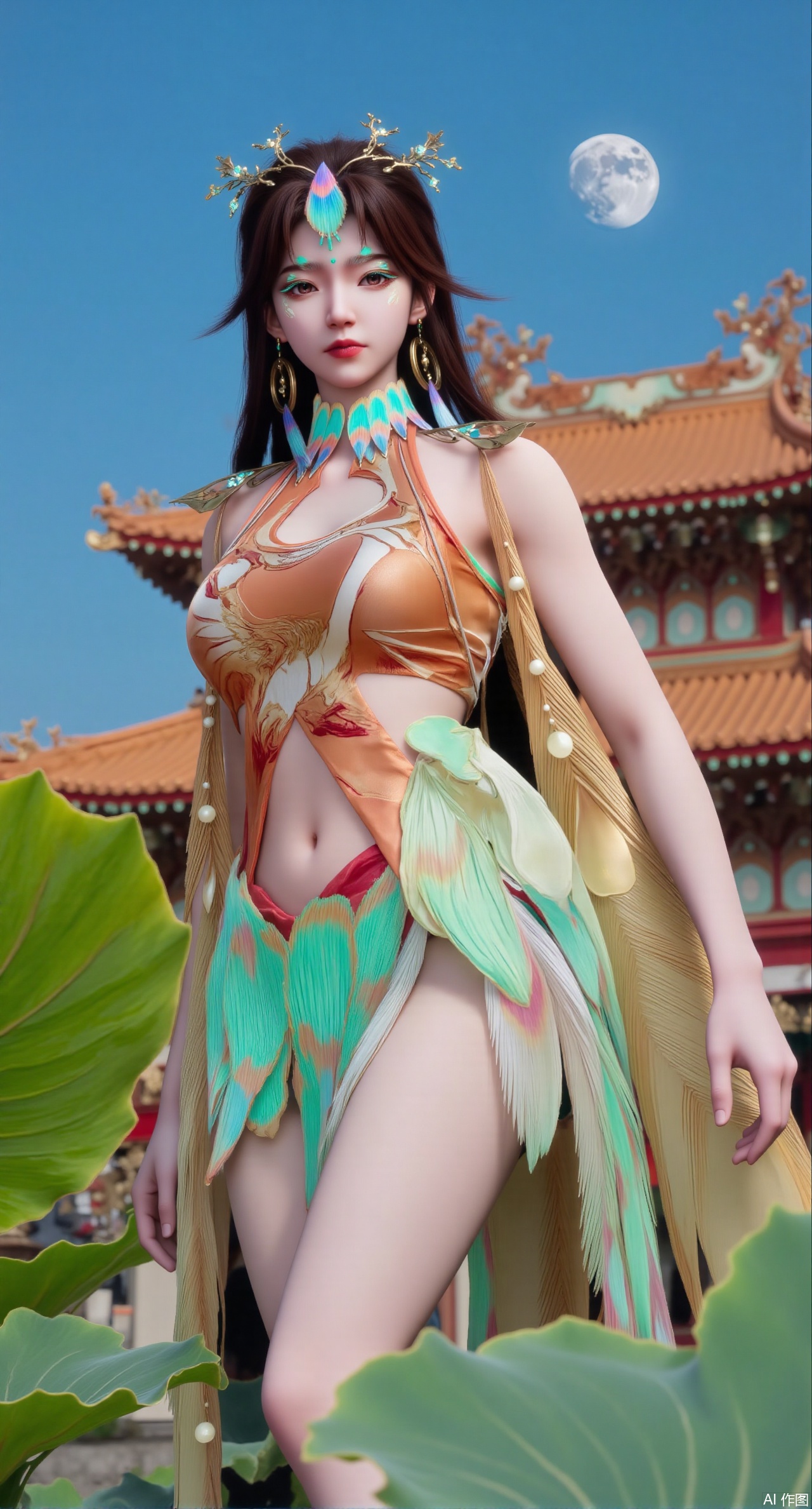 sfw,(masterpiece, best quality:1.2),1girl, navel, solo, midriff, bare shoulders, hair ornament,(long hair),(High double ponytail:1.49), red lips,
BREAK, (looking at viewer:1.39), chinese clothes,(green dress:1.36), (lace:1.28),
BREAK,blurry, solo focus, long hair, lips, daytime, lipstick, outdoors, standing,upper body,(huge breasts:2.99), (full breasts:2.99),background, solo, makeup,Xyunxiao,(Lotus,Water Lily,Blue sky,full moon:1.39),(Lotus pond,ancient Chinese architecture:1.39),Xmupeiling,XsongyuYK,XqiyueFHK