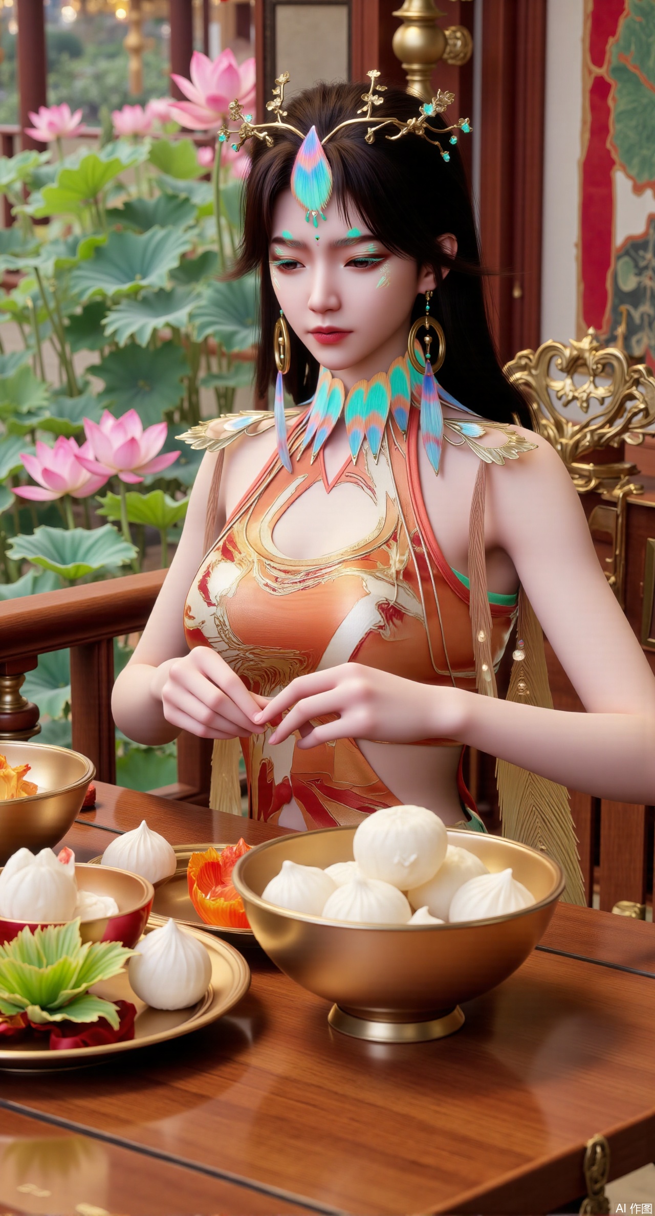 (masterpiece:1.2),best quality,A digital CGI image portrays a fair-skinned Chinese woman with jet-black hair elegantly styled in a chignon. She wears a traditional Chinese cheongsam featuring intricate floral patterns. The scene captures her wrapping zongzi at a rustic wooden table, surrounded by lush green leaves and bowls filled with glutinous rice. The environment is rich with details, including the texture of the table, the vivid colors of the leaves, and the warm tones of the room, emphasizing the festive ambiance of the Dragon Boat Festival.(huge breasts:2.99),(full breasts:2.99),(Background with traditional Chinese architecture, lotus pond and pink lotus flowers:1.39),Xmupeiling,XsongyuYK,XqiyueFHK
