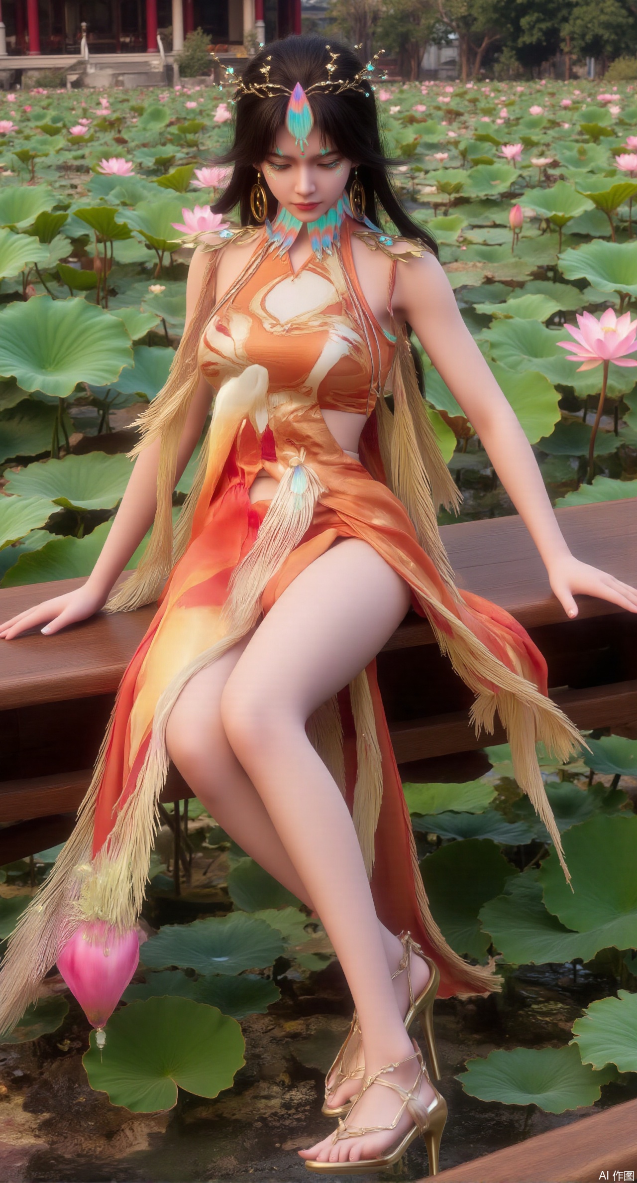 (masterpiece:1.2),best quality,The image is a digital illustration of a young woman sitting on a wooden bench in a pond with lily pads. She is wearing a long dress with design on the chest and sleeves. The dress has a high neckline and short sleeves,Holding a lotus in hand. She has long dark hair styled in loose waves and is wearing gold high heels. The woman is posing with one hand on her hip and the other resting on the edge of the bench. The background is filled with pink and white lotus flowers and green leaves. The overall mood of the image is peaceful and serene,(huge breasts:2.99),(full breasts:2.99),(Background with traditional Chinese architecture,Pond, water lilies:1.39),,XzilingXY3,XlimuwanJCY,XmoxianYK,Xfanlv,XliumeiYK2,XlishaoyingXK2,XxiaobaiYK2,XHhanfududou,XGhibli Hayao Miyazaki animation style,XxiaobaiNZYK2,Xpugongying,XliuqiyueFHK