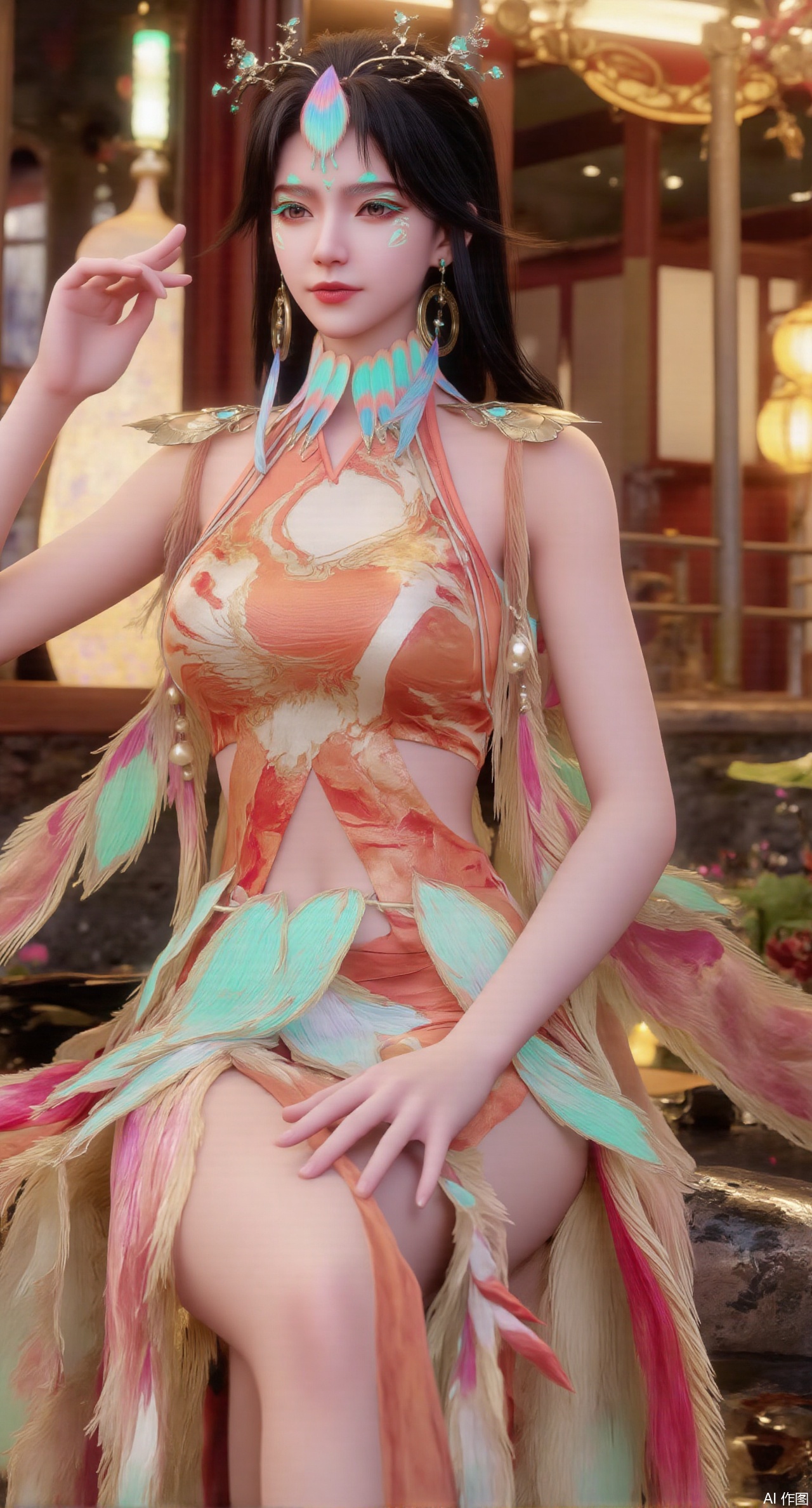  (masterpiece:1.2),best quality, (1girl:1.1), (Lace skirt:1.39), on Stomach,aqua_earrings,Lights, lanterns, chang,(big breasts:2.56),hanfu, Best quality, Realistic, photorealistic, masterpiece,(UE5.5,rendered with Unreal Engine 5,Unreal Engine 5,CG rendering), best illumination, best shadow, huge filesize ,(huge breasts:2.69) incredibly absurdres, absurdres, looking at viewer, transparent, smog, gauze, vase, petals, room, ancient Chinese style, detailed background, wide shot background,
(((black hair))),(Sitting on the lotus pond porch:1.49) ,(A pond full of pink lotus flowers:1.5),close up of 1girl,Hairpins,hair ornament,hair wings,slim,narrow waist,perfect eyes,beautiful perfect face,pleasant smile,perfect female figure,detailed skin,charming,alluring,seductive,erotic,enchanting,delicate pattern,detailed complex and rich exquisite clothing detail,delicate intricate fabrics,Morning Serenade In the gentle morning glow, (a woman in a pink lotus-patterned Hanfu stands in an indoor courtyard:1.36),(Chinese traditional dragon and phoenix embroidered Hanfu:1.3), admiring the tranquil garden scenery. The lotus-patterned Hanfu, embellished with silver-thread embroidery, is softly illuminated by the morning light. The light mint green Hanfu imparts a sense of calm and freshness, adorned with delicate lotus patterns, with a blurred background to enhance the peaceful atmosphere,XzilingXY3,XlimuwanJCY,XmoxianYK,Xfanlv,XliumeiYK2,XlishaoyingXK2,XxiaobaiYK2,XHhanfududou,XGhibli Hayao Miyazaki animation style,XxiaobaiNZYK2,Xpugongying,XliuqiyueFHK