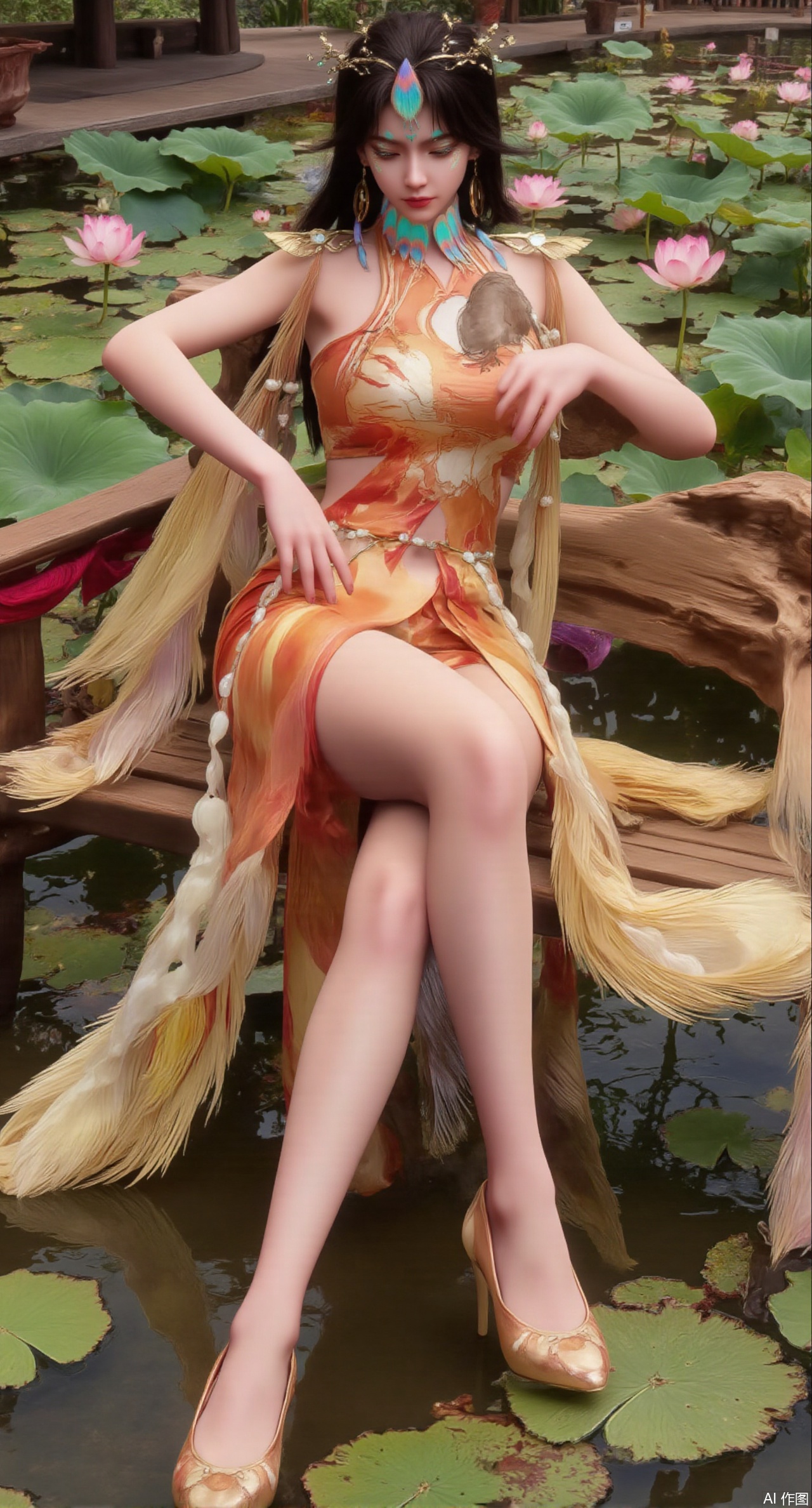 (masterpiece:1.2),best quality,The image is a digital illustration of a young woman sitting on a wooden bench in a pond with lily pads. She is wearing a long dress with design on the chest and sleeves. The dress has a high neckline and short sleeves,Holding a lotus in hand. She has long dark hair styled in loose waves and is wearing gold high heels. The woman is posing with one hand on her hip and the other resting on the edge of the bench. The background is filled with pink and white lotus flowers and green leaves. The overall mood of the image is peaceful and serene,(huge breasts:2.99),(full breasts:2.99),(Background with traditional Chinese architecture,Pond, water lilies:1.39),,XzilingXY3,XlimuwanJCY,XmoxianYK,Xfanlv,XliumeiYK2,XlishaoyingXK2,XxiaobaiYK2,XHhanfududou,XGhibli Hayao Miyazaki animation style,XxiaobaiNZYK2,Xpugongying,XliuqiyueFHK