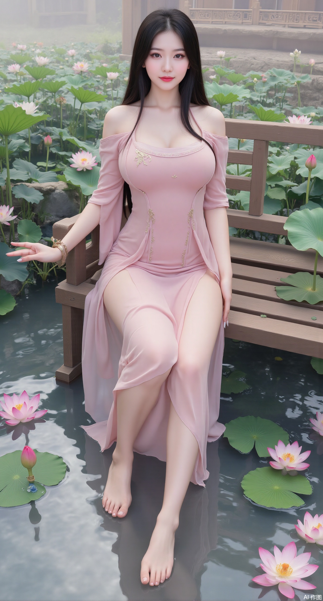(masterpiece:1.2),best quality,The image is a digital illustration of a young woman sitting on a wooden bench in a pond with lily pads. She is wearing a long dress with design on the chest and sleeves. The dress has a high neckline and short sleeves,Holding a lotus in hand. She has long dark hair styled in loose waves and is wearing gold high heels. The woman is posing with one hand on her hip and the other resting on the edge of the bench. The background is filled with pink and white lotus flowers and green leaves. The overall mood of the image is peaceful and serene,(huge breasts:2.99),(full breasts:2.99),(Background with traditional Chinese architecture,Pond, water lilies:1.39),,XzilingXY3,XlimuwanJCY,XmoxianYK,Xfanlv,XliumeiYK2,XlishaoyingXK2,XxiaobaiYK2,XHhanfududou,XGhibli Hayao Miyazaki animation style,XxiaobaiNZYK2,Xpugongying,XliuqiyueFHK