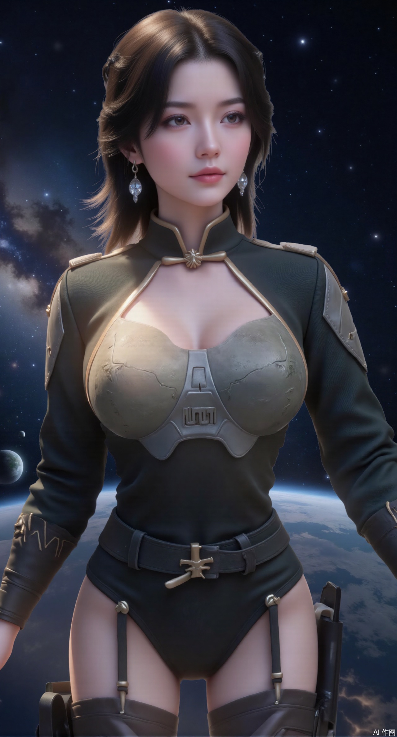 (masterpiece:1.2),best quality,absurdres,masterpiece,original,extremely detailed wallpaper,perfect lighting,1girl,solo,looking at viewer,(cowboy_shot:1.3),short hair,high heels,blurry background,depth of field,motion blur,crystal_earrings,headpiece,in summer,day,outdoors,nature,(Space, planetary belt, Earth,Milky Way in the background:1.69),(huge breasts:2.99),(full breasts:2.99),Xmupeiling,XsongyuYK,XqiyueFHK,XheguangzhefandiYK,XxiaobaiNZYK,XlimuwanJCBYK
