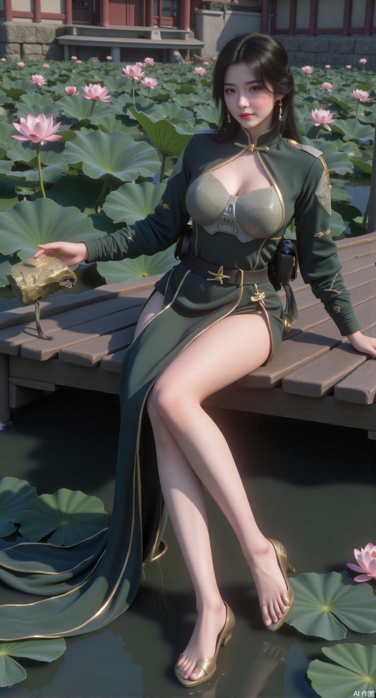 (masterpiece:1.2),best quality,The image is a digital illustration of a young woman sitting on a wooden bench in a pond with lily pads. She is wearing a long dress with design on the chest and sleeves. The dress has a high neckline and short sleeves,Holding a lotus in hand. She has long dark hair styled in loose waves and is wearing gold high heels. The woman is posing with one hand on her hip and the other resting on the edge of the bench. The background is filled with pink and white lotus flowers and green leaves. The overall mood of the image is peaceful and serene,(huge breasts:2.99),(full breasts:2.99),(Background with traditional Chinese architecture, lotus pond and pink lotus flowers:1.39),Xmupeiling,XsongyuYK,XqiyueFHK,XheguangzhefandiYK