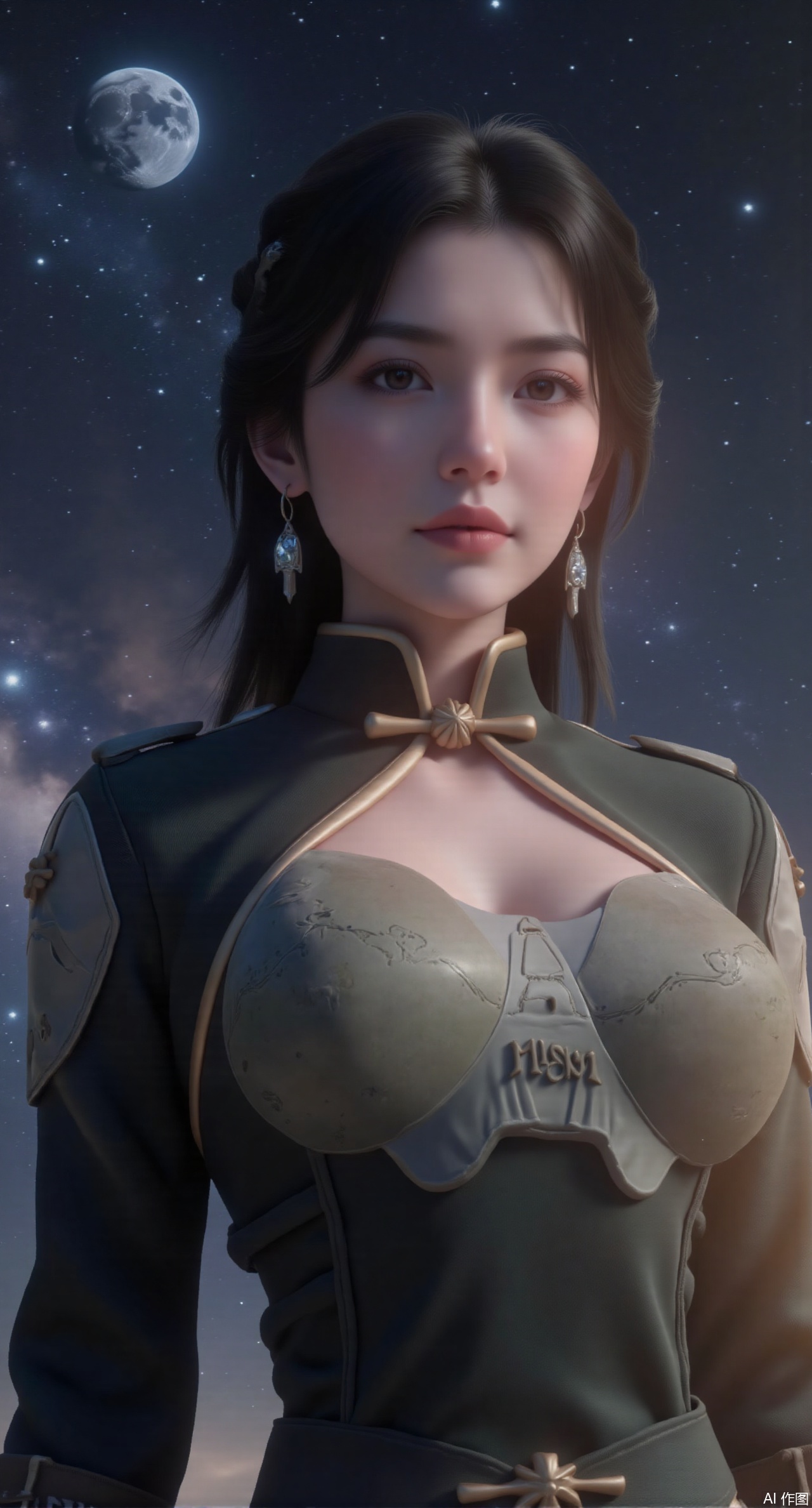 (masterpiece:1.2),best quality,absurdres,masterpiece,original,extremely detailed wallpaper,perfect lighting,1girl,solo,looking at viewer,(cowboy_shot:1.3),short hair,high heels,blurry background,depth of field,motion blur,crystal_earrings,headpiece,in summer,day,outdoors,nature,(Space, planetary belt, Earth,Milky Way in the background:1.69),(huge breasts:2.99),(full breasts:2.99),Xmupeiling,XsongyuYK,XqiyueFHK,XheguangzhefandiYK,XxiaobaiNZYK,XlimuwanJCBYK