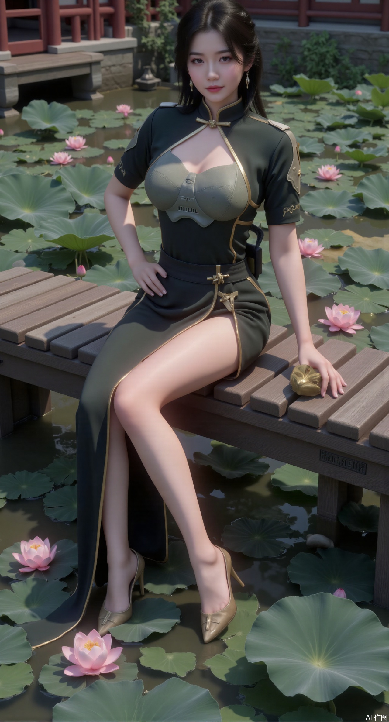 (masterpiece:1.2),best quality,The image is a digital illustration of a young woman sitting on a wooden bench in a pond with lily pads. She is wearing a long dress with design on the chest and sleeves. The dress has a high neckline and short sleeves,Holding a lotus in hand. She has long dark hair styled in loose waves and is wearing gold high heels. The woman is posing with one hand on her hip and the other resting on the edge of the bench. The background is filled with pink and white lotus flowers and green leaves. The overall mood of the image is peaceful and serene,(huge breasts:2.99),(full breasts:2.99),(Background with traditional Chinese architecture, lotus pond and pink lotus flowers:1.39),Xmupeiling,XsongyuYK,XqiyueFHK,XheguangzhefandiYK