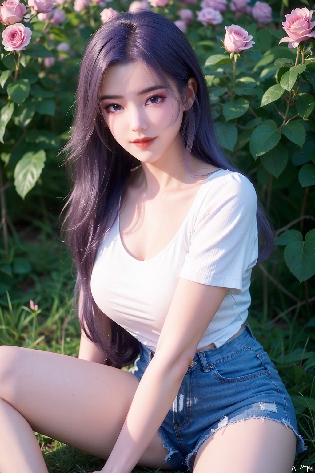 (Best Quality, Masterpiece: 1.2),
1girl,purple eyes,purple hair,long hair,looking at viewer,Rose Field,rose,

makeup,shiny,dream,gentle smile,

She is dressed in a white short - sleeved top,,With long legs,captivating, ,denim shorts,8K resolution,,yunxiao