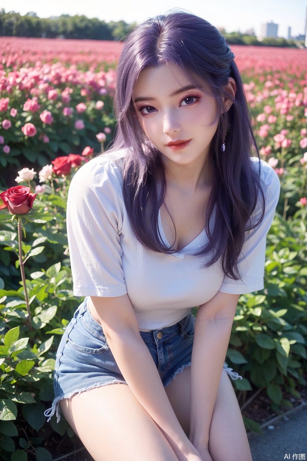 (Best Quality, Masterpiece: 1.2),
1girl,purple eyes,purple hair,long hair,looking at viewer,Rose Field,rose,

makeup,shiny,dream,gentle smile,

She is dressed in a white short - sleeved top,,With long legs,captivating, ,denim shorts,8K resolution,,yunxiao