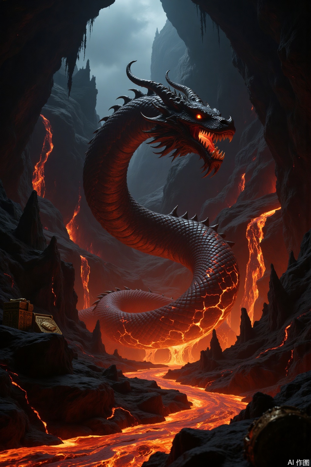 Lava beast, dragon-shaped creature, violent and evil, entrenched in a huge cave in the lava valley, surrounded by gold, silver and treasures, rys