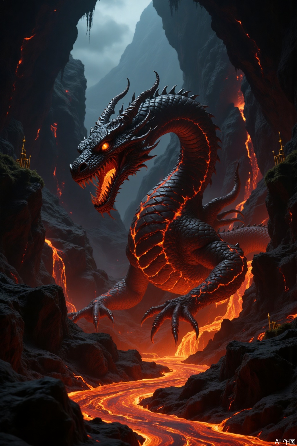 Lava beast, dragon-shaped creature, violent and evil, entrenched in a huge cave in the lava valley, surrounded by gold, silver and treasures, rys