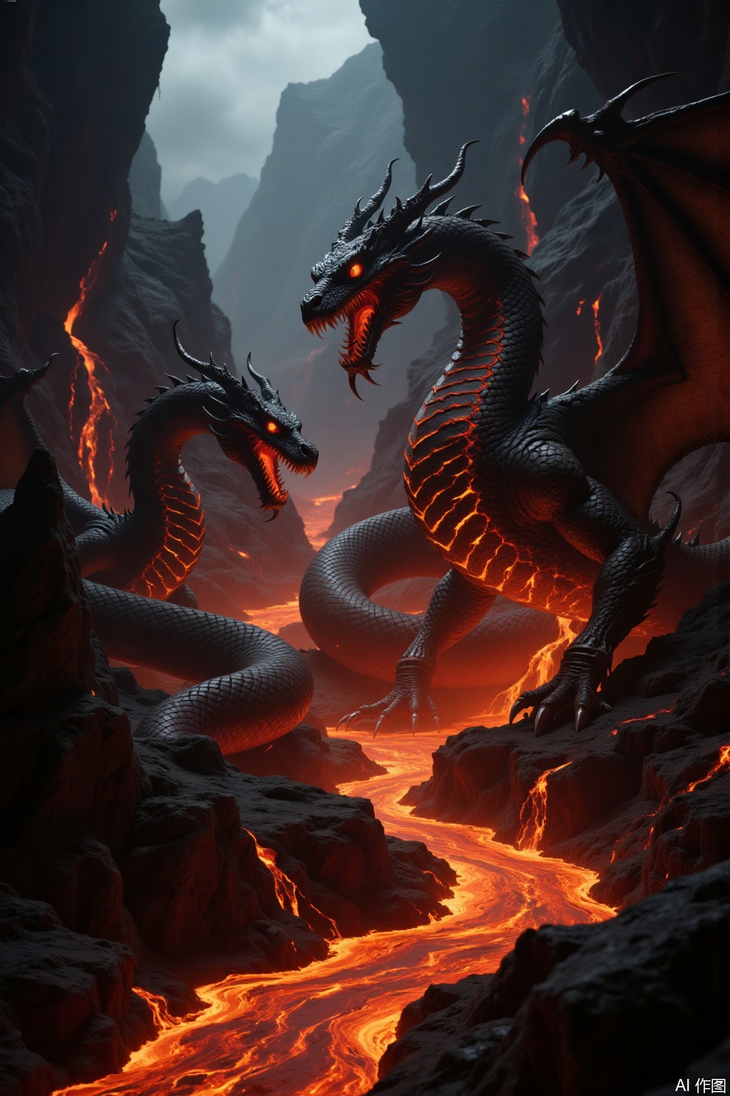  lava beasts, one in the shape of a Western dragon , face to face in the lava valley,rys