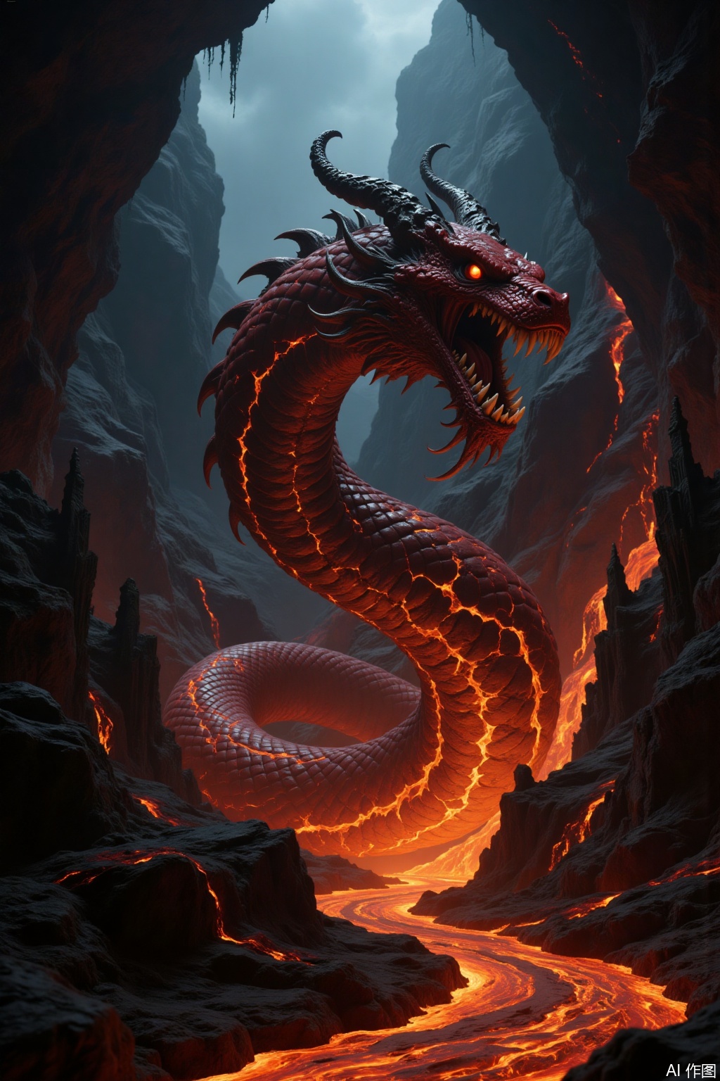 Lava beast, dragon-shaped creature, violent and evil, entrenched in a huge cave in the lava valley, surrounded by gold, silver and treasures, rys