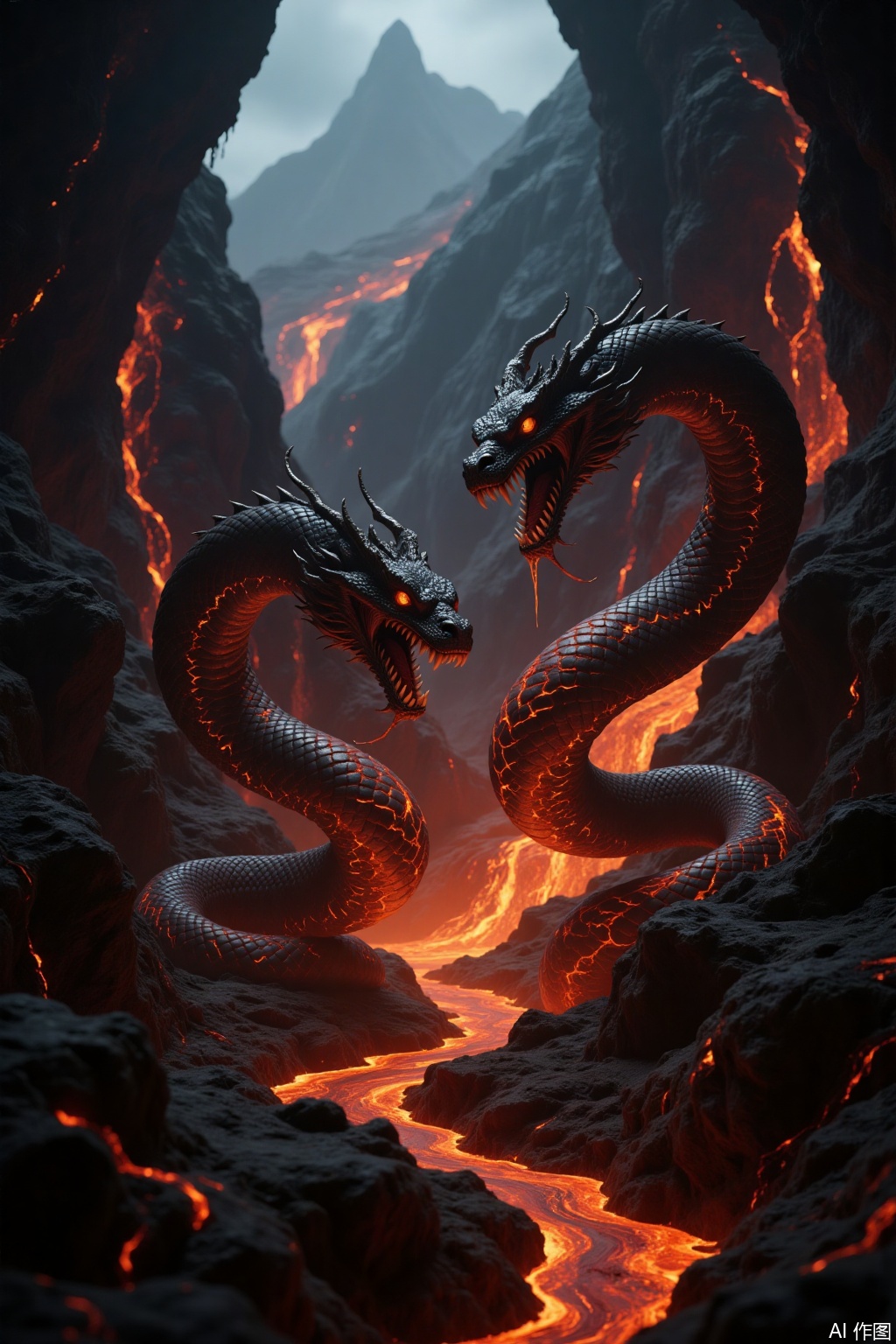 Two lava beasts, one in the shape of a Western dragon and the other in the shape of a snake, face to face in the lava valley,rys