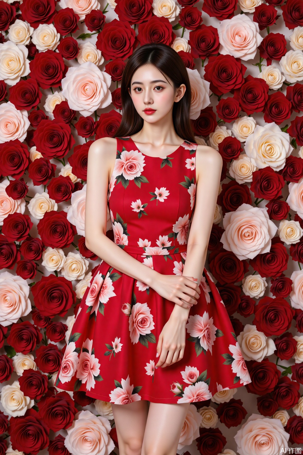  1girl wear a red rose dress.