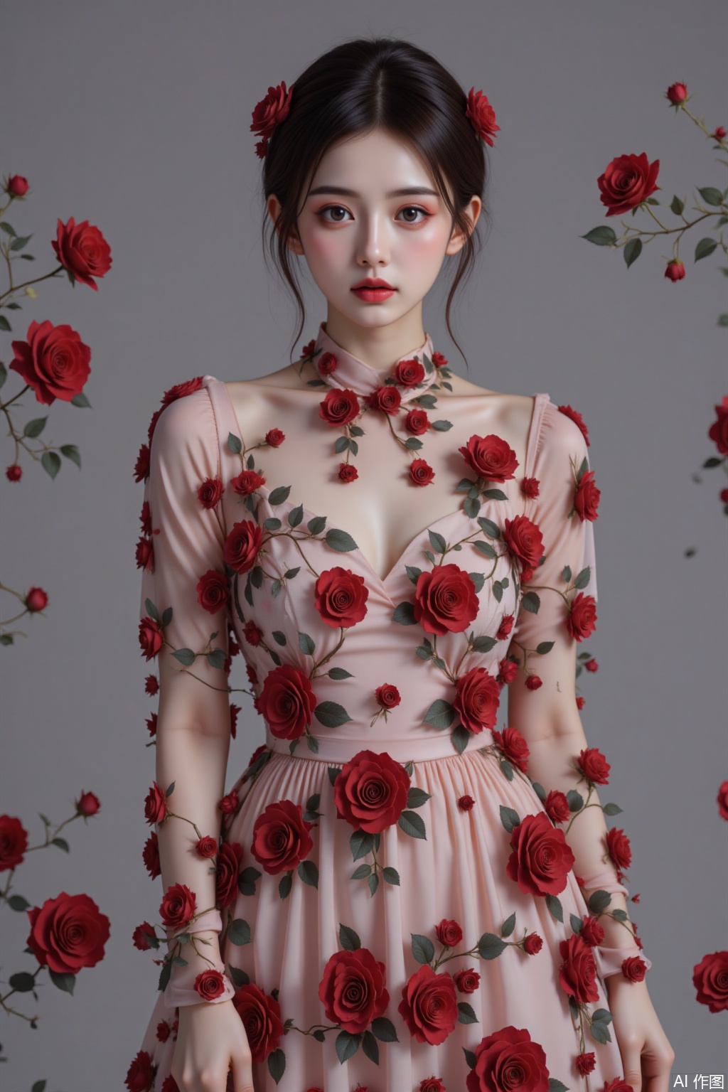  1girl wear a red rose dress.,bailing_ethereal_flow,the marbled dress blends in with the bac
