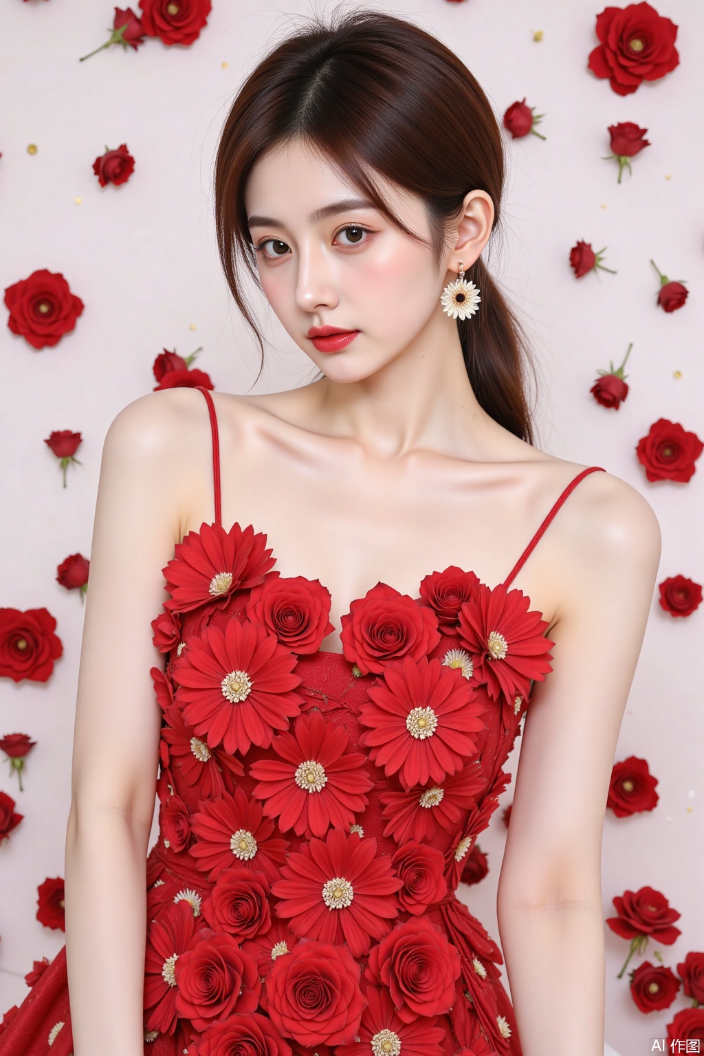  1girl wear a red rose dress.
