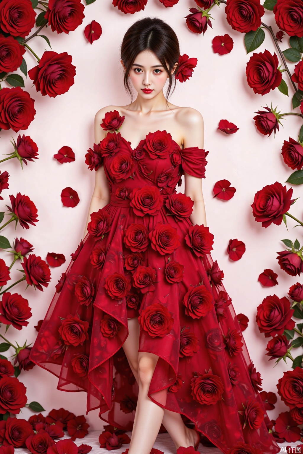  1girl wear a red rose dress.