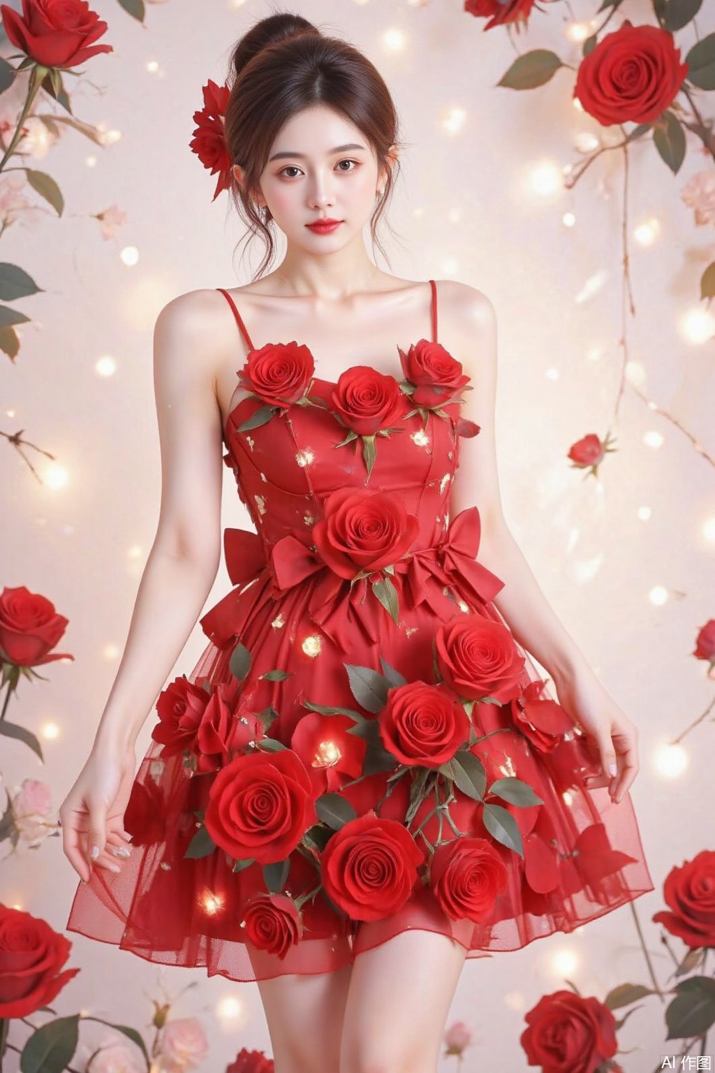  1girl wear a red rose dress.