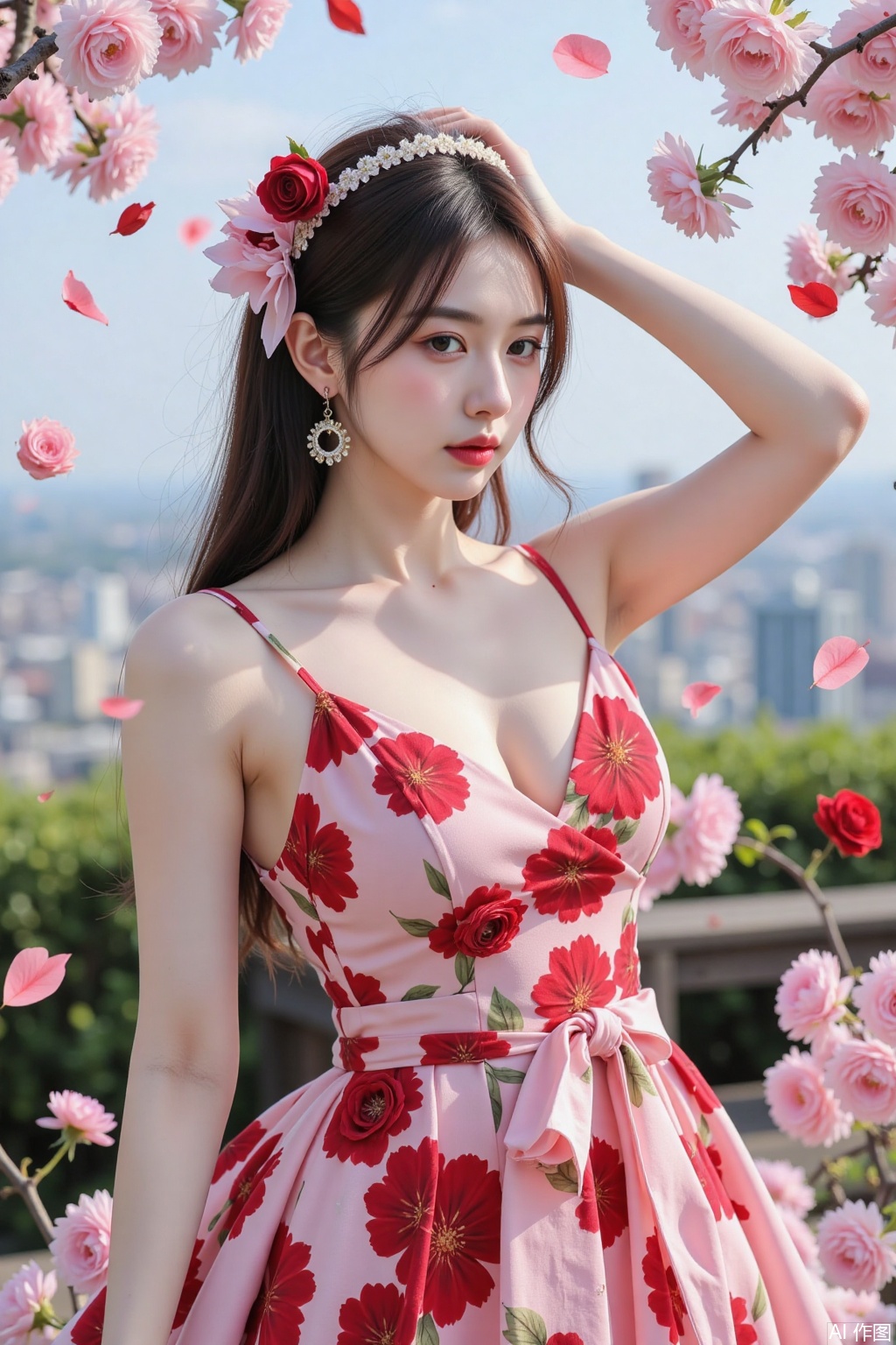 1女孩,独奏,主要剪辑,关闭象,关闭,1女孩,红色背景,（（黑发））,（（光滑的头发））,（正面）,用红玫瑰做的衣服,情绪的脸,关闭,工作室光,工作室,（化妆肖像,黑眼睛,眼影））,（（许多红玫瑰覆盖她的轻裙））,jy,1girl,MAJICMIX STYLE,光,灯裙,跳舞,,最好的质量,摄影,杰作,花影,水洼,1个女孩,Arien view background,rose dress