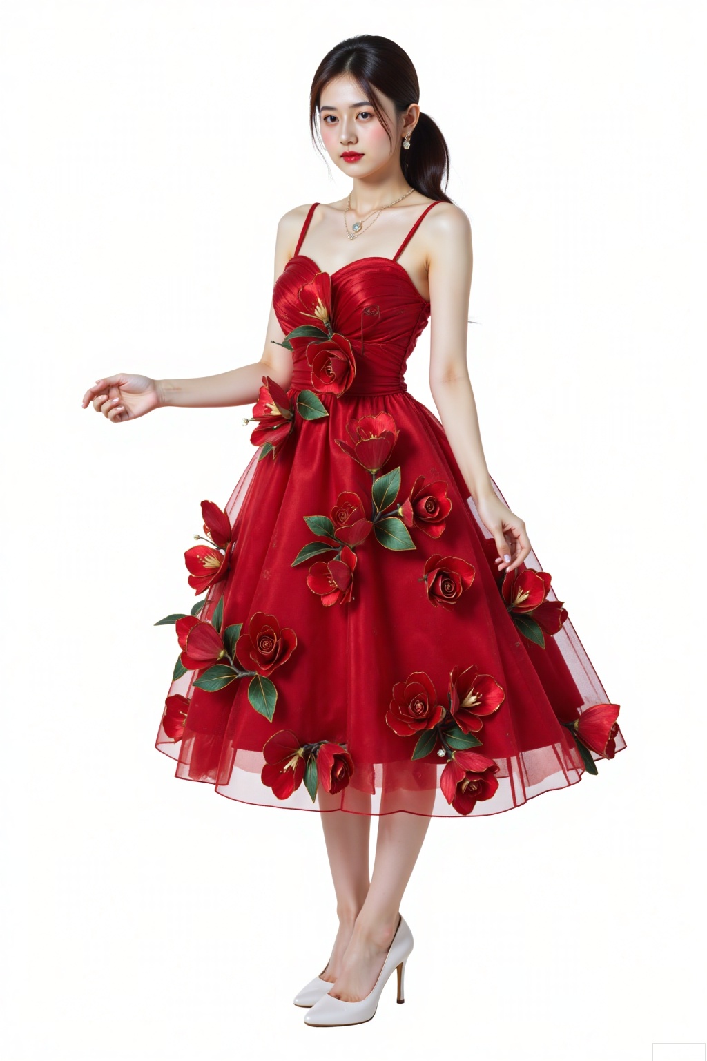  1girl wear a red rose dress.