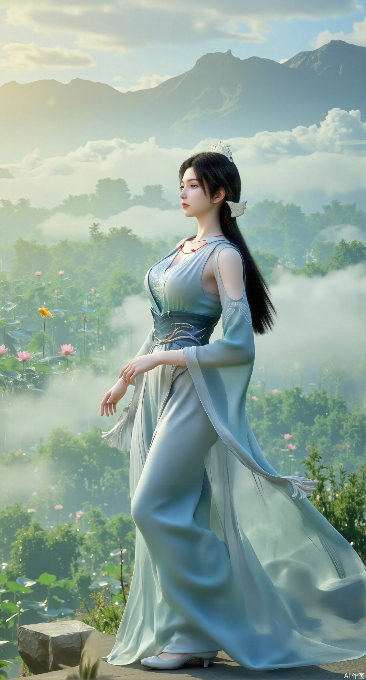 (masterpiece, best quality:1.2),A celestial maiden in Hanfu stands on a cloud, ethereal silk robes fluttering in the wind, swirling sea of clouds beneath her feet, background reveals the emerald lotus pond of Penglai Wonderland with blooming pink-white lotuses, golden koi fish swimming in translucent water, soft morning light piercing through mist, ultra HD rendering showcases intricate embroidery on Hanfu, 8K detail captures dewdrops on lotus petals, dynamic lighting effects emphasize swirling mist movement, panoramic composition creates ethereal celestial atmosphere,(huge breasts:2.99),(full breasts:2.99),Xmupeiling,XsongyuYK,XqiyueFHK,XheguangzhefandiYK,XxiaobaiNZYK,XlimuwanJCBYK