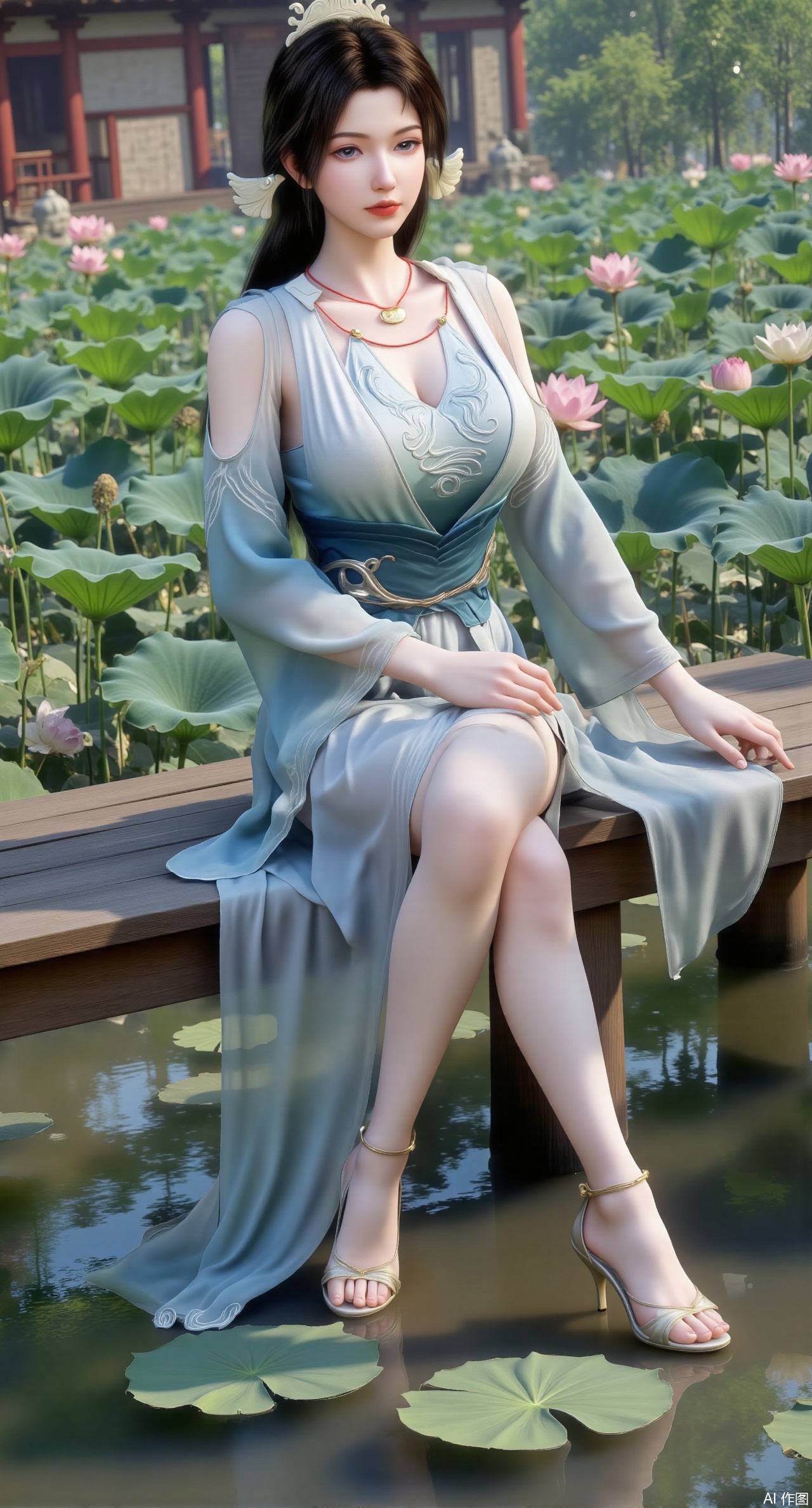 (masterpiece:1.2),best quality,The image is a digital illustration of a young woman sitting on a wooden bench in a pond with lily pads. She is wearing a long dress with design on the chest and sleeves. The dress has a high neckline and short sleeves,Holding a lotus in hand. She has long dark hair styled in loose waves and is wearing gold high heels. The woman is posing with one hand on her hip and the other resting on the edge of the bench. The background is filled with pink and white lotus flowers and green leaves. The overall mood of the image is peaceful and serene,(huge breasts:2.99),(full breasts:2.99),(Background with traditional Chinese architecture, lotus pond and pink lotus flowers:1.39),Xmupeiling,XsongyuYK,XqiyueFHK,XheguangzhefandiYK,XxiaobaiNZYK,XlimuwanJCBYK