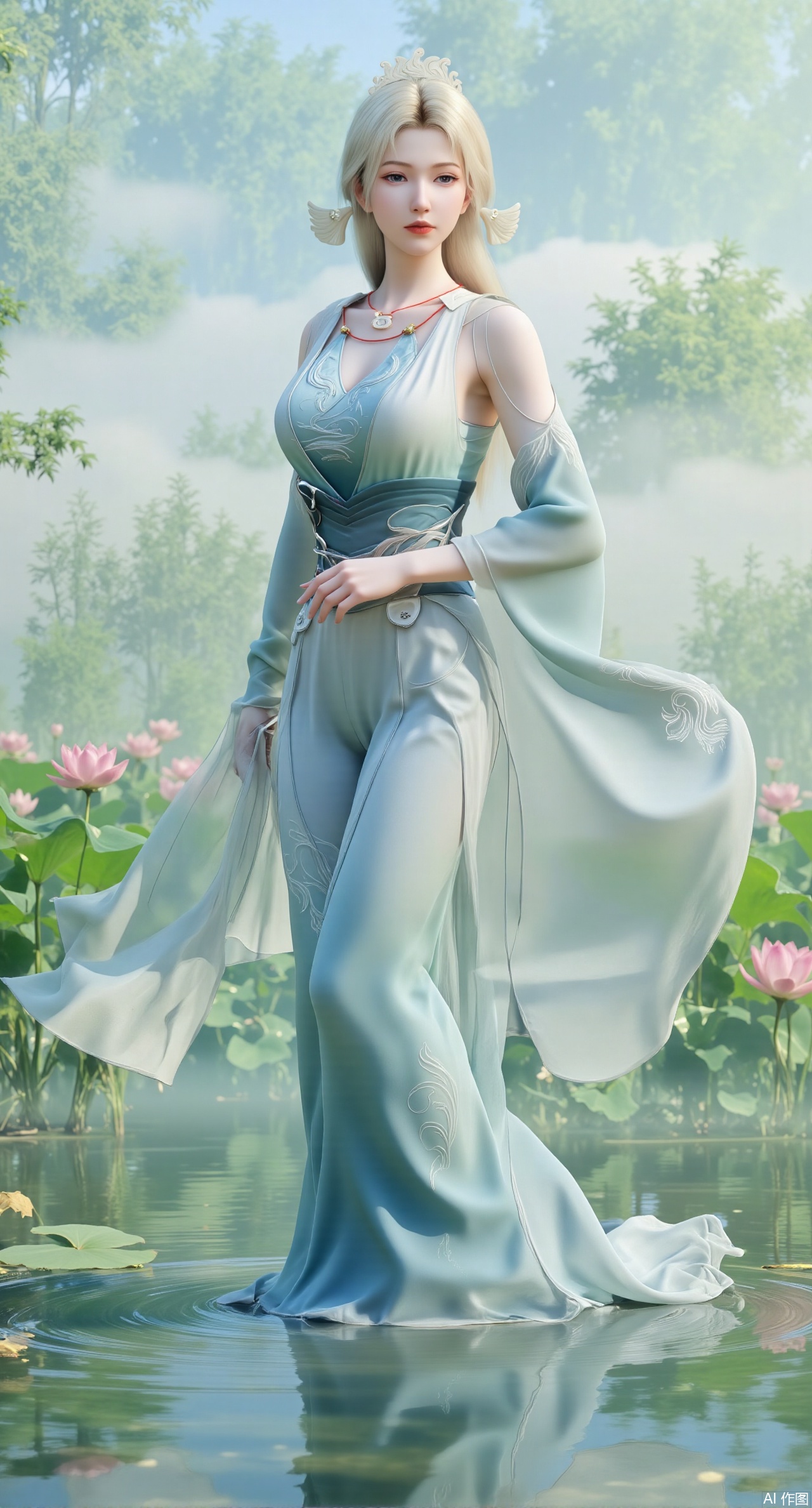 (masterpiece, best quality:1.2),A celestial maiden in Hanfu stands on a cloud, ethereal silk robes fluttering in the wind, swirling sea of clouds beneath her feet, background reveals the emerald lotus pond of Penglai Wonderland with blooming pink-white lotuses, golden koi fish swimming in translucent water, soft morning light piercing through mist, ultra HD rendering showcases intricate embroidery on Hanfu, 8K detail captures dewdrops on lotus petals, dynamic lighting effects emphasize swirling mist movement, panoramic composition creates ethereal celestial atmosphere,(huge breasts:2.99),(full breasts:2.99),Xmupeiling,XsongyuYK,XqiyueFHK,XheguangzhefandiYK,XxiaobaiNZYK,XlimuwanJCBYK