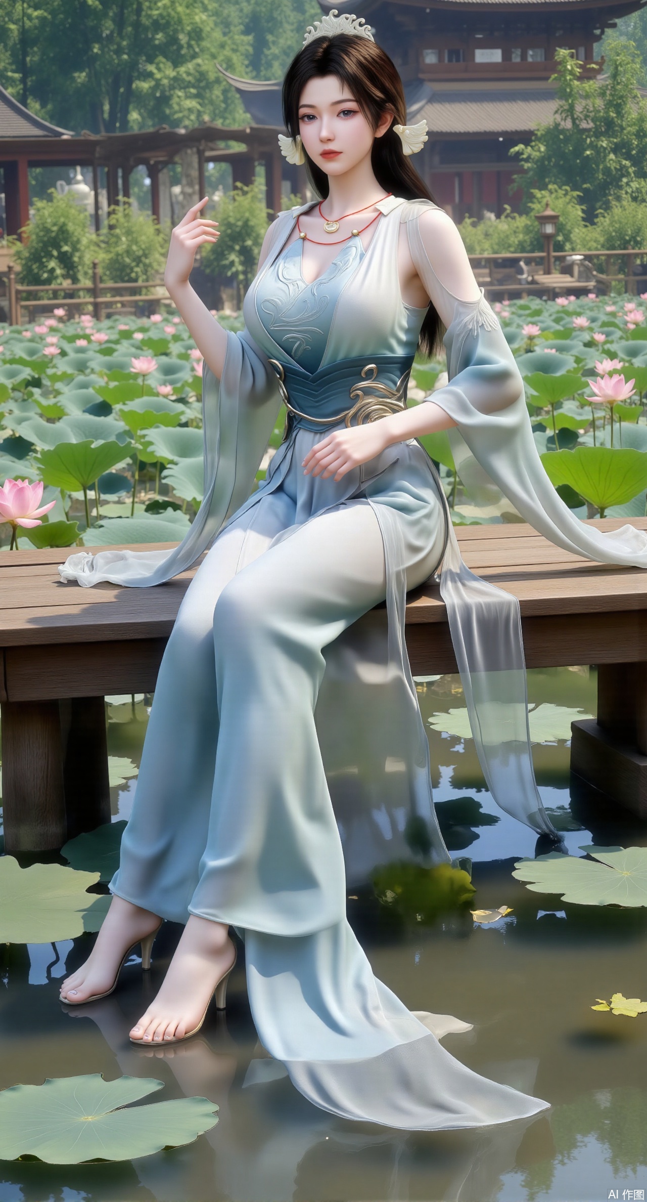 (masterpiece:1.2),best quality,The image is a digital illustration of a young woman sitting on a wooden bench in a pond with lily pads. She is wearing a long dress with design on the chest and sleeves. The dress has a high neckline and short sleeves,Holding a lotus in hand. She has long dark hair styled in loose waves and is wearing gold high heels. The woman is posing with one hand on her hip and the other resting on the edge of the bench. The background is filled with pink and white lotus flowers and green leaves. The overall mood of the image is peaceful and serene,(huge breasts:2.99),(full breasts:2.99),(Background with traditional Chinese architecture, lotus pond and pink lotus flowers:1.39),Xmupeiling,XsongyuYK,XqiyueFHK,XheguangzhefandiYK,XxiaobaiNZYK,XlimuwanJCBYK
