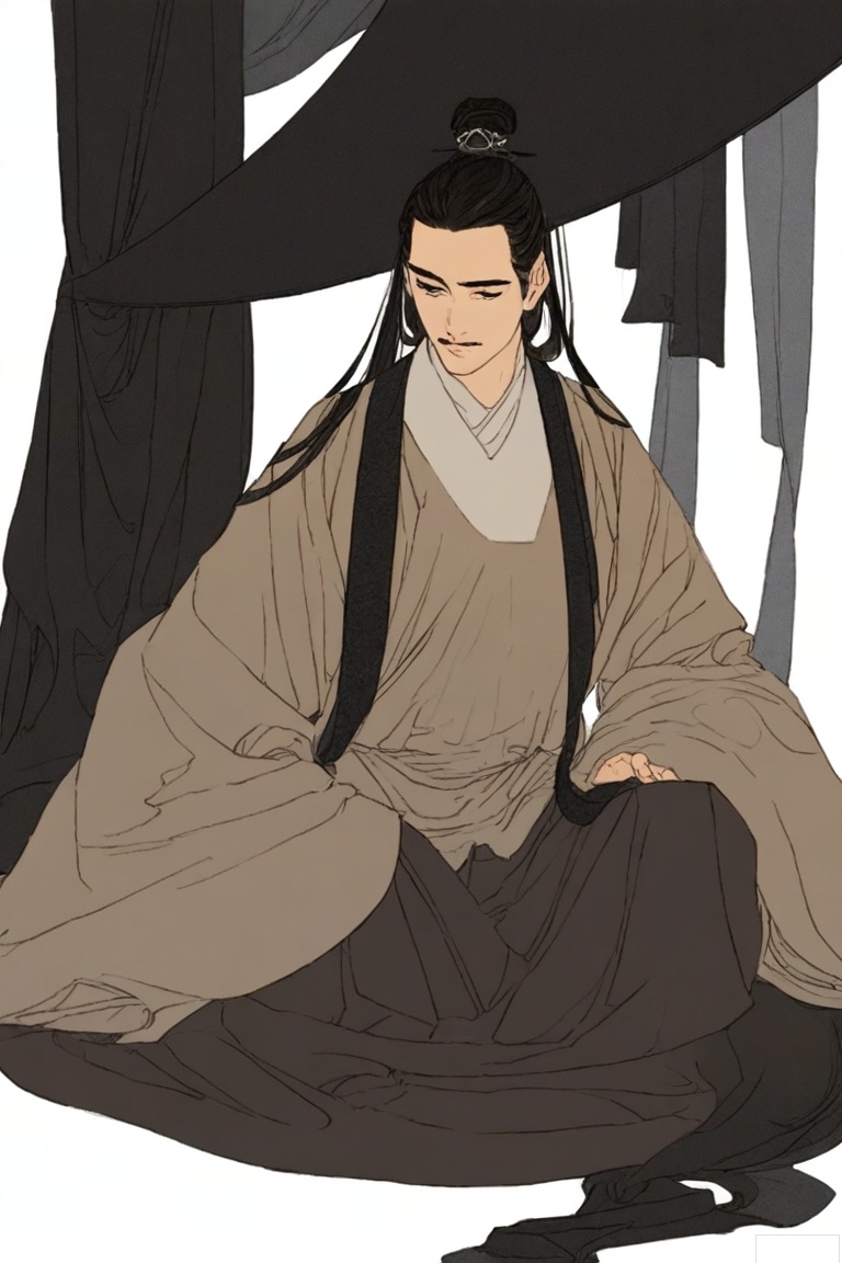 masterpiece, best quality, 
1boy,male focus,A man, hanfu,chinese clothes,single hair bun , long hair,white background,