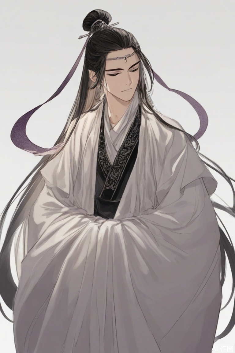 masterpiece, best quality, 
1boy,male focus,A man, hanfu,chinese clothes,single hair bun , long hair,white background,