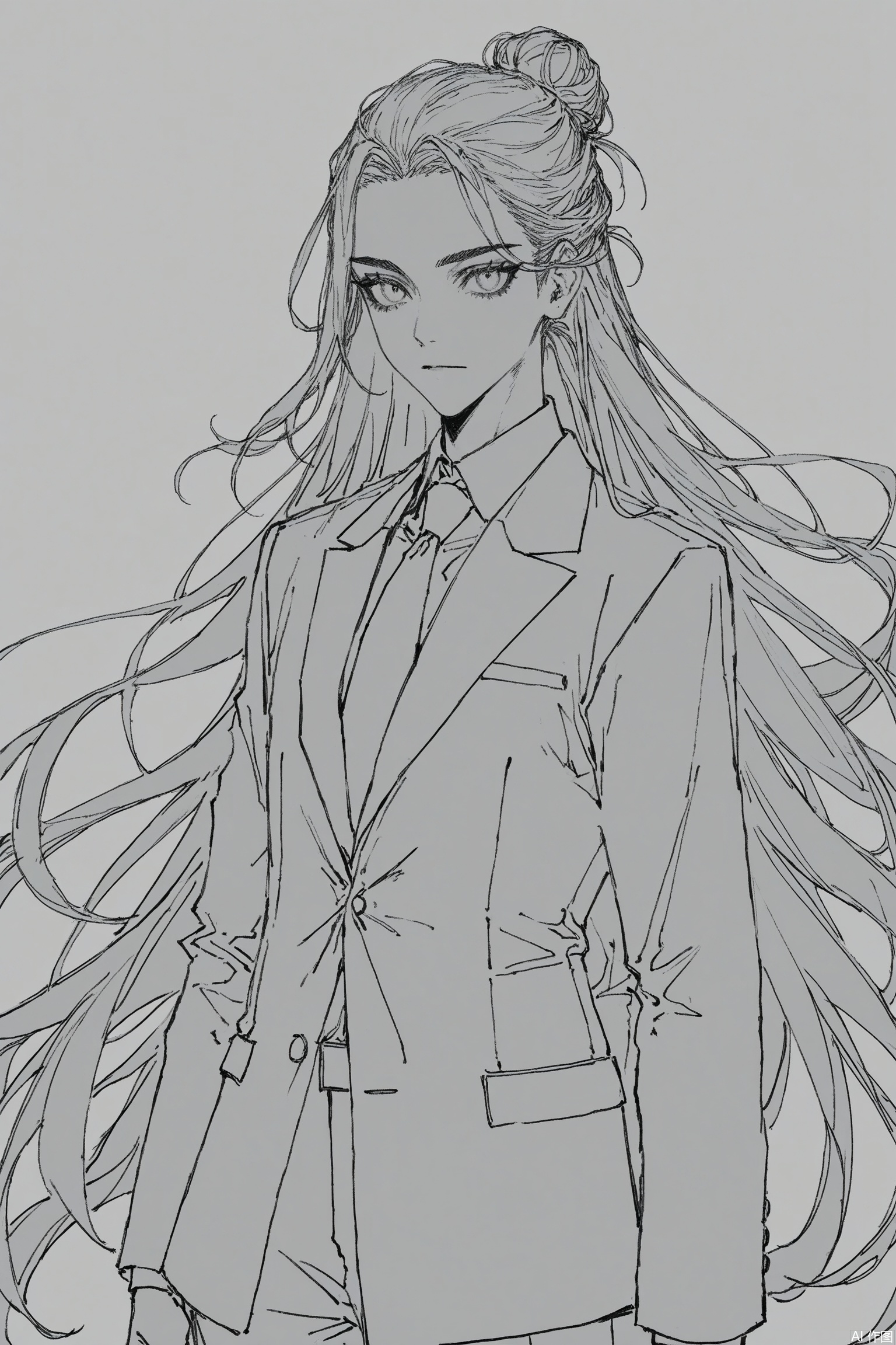 (artist:quasarcake:0.8),extreme aesthetic,(wlop:0.6),(honjou raita,lack,rella,wanke:0.5),
masterpiece, best quality, good quality, newest, year 2024, year 2023, very aesthetic, absurdres, Visual impact,
ultra-high resolution, 32K UHD, sharp focus, best-quality, masterpiece, Emotionalization, masterpiece, masterful details,
lineart, 1boy,male focus,A man wearing a suit with a single hair bun and long hair,