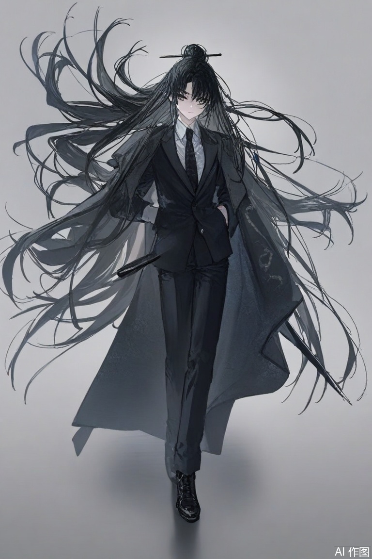 (artist:quasarcake:0.8),extreme aesthetic,(wlop:0.6),(honjou raita,lack,rella,wanke:0.5),
masterpiece, best quality, good quality, newest, year 2024, year 2023, very aesthetic, absurdres, Visual impact,
ultra-high resolution, 32K UHD, sharp focus, best-quality, masterpiece, Emotionalization, masterpiece, masterful details,
lineart, 1boy,male focus,A man wearing a suit with a single hair bun and long hair,