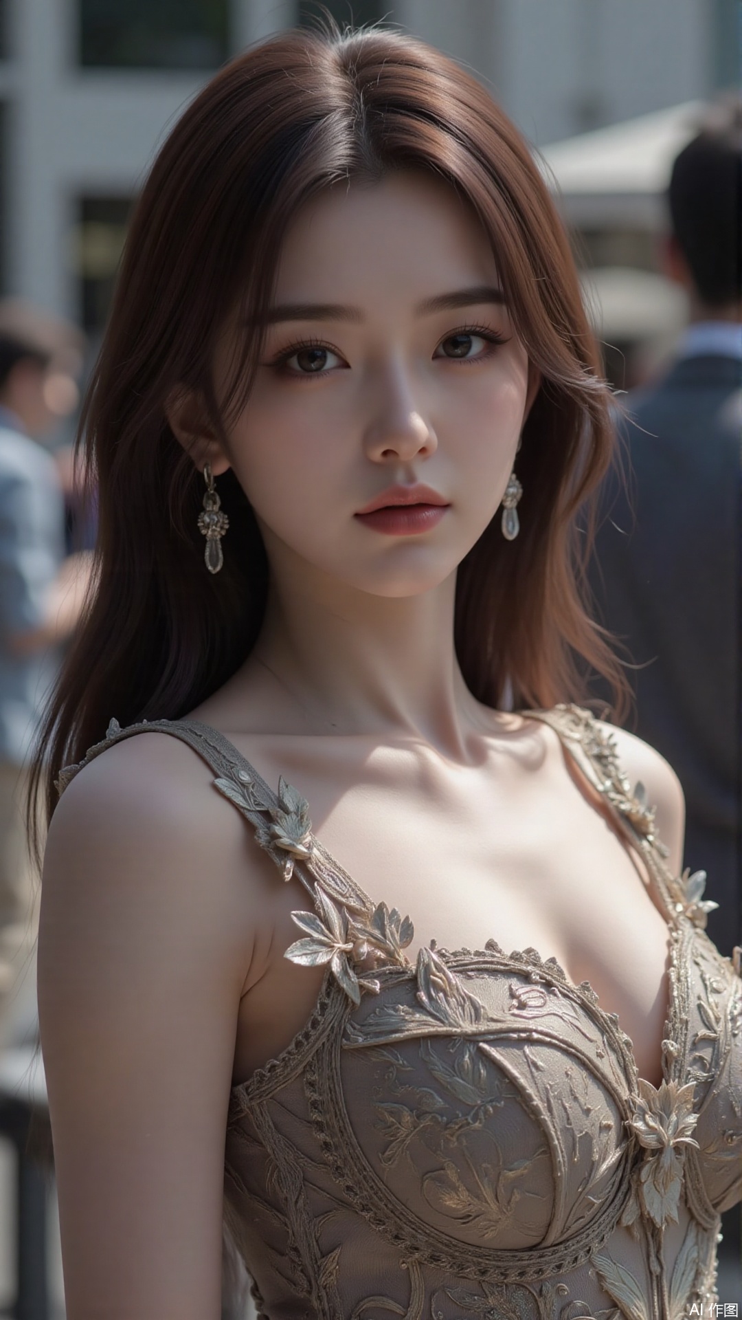  a asian woman, sexy long hair, blue eyes, charming and seductive temperament, distant close-up, golden ratio, movie texture, minimalism, high-end feeling, strong contrast between cold and warm, outdoor scenes, 