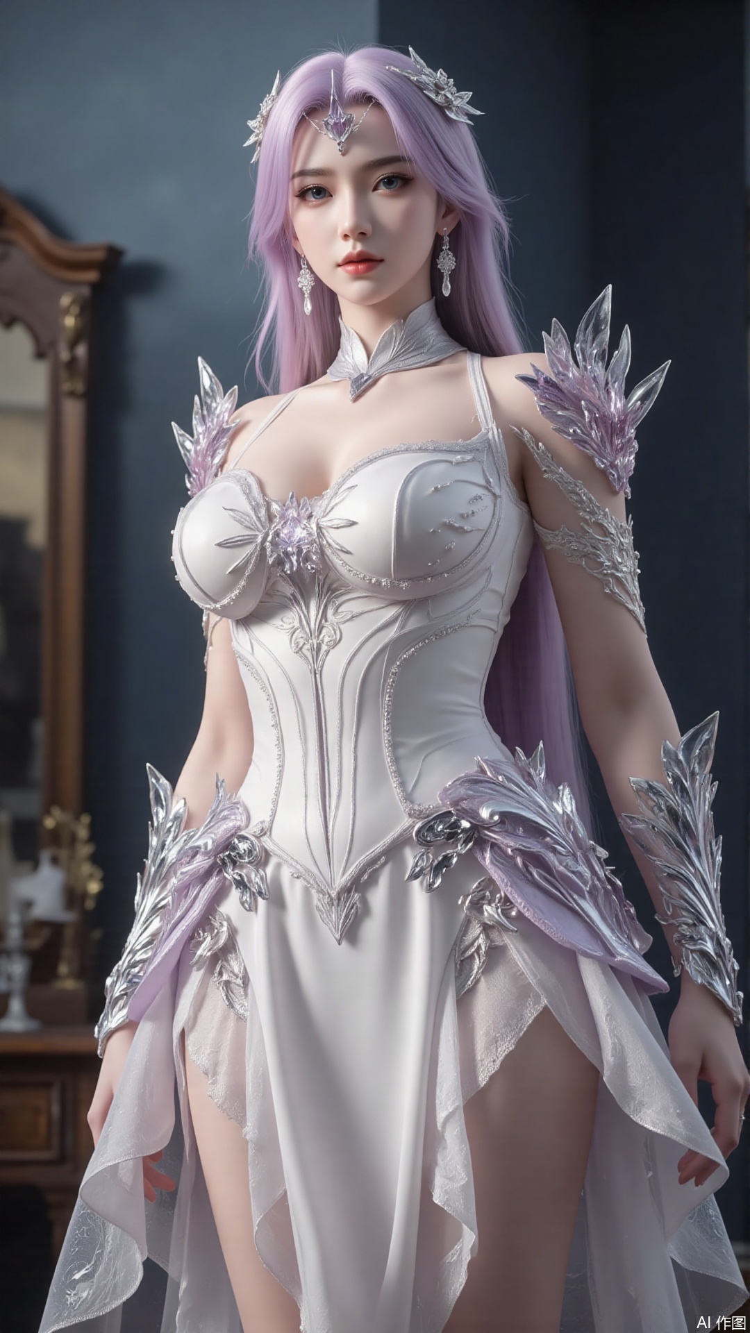 1girl, white wedding dress,looking at viewer, mischevious smile, perfect body, scenery, sharp focus, best quality, masterpiece, detailed outfit, illustration, perfect eyes, finely detailed beautiful anime eyes, realistic skin, intricate details, best lighting, depth of field, ultra high resolution, cowboy_shot, bride