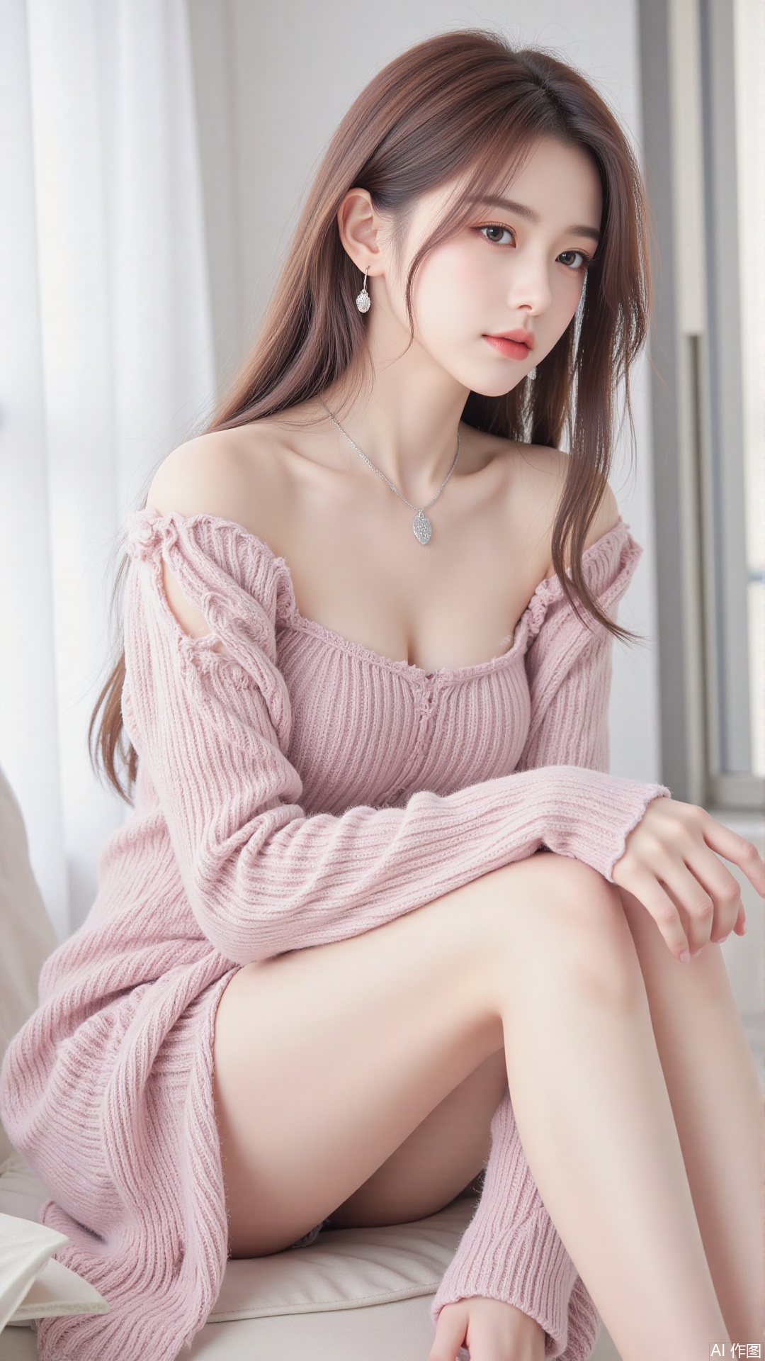 1girl, solo, long hair, looking at viewer, smile, sitting, collarbone, off shoulder, sweater, messy hair, realistic