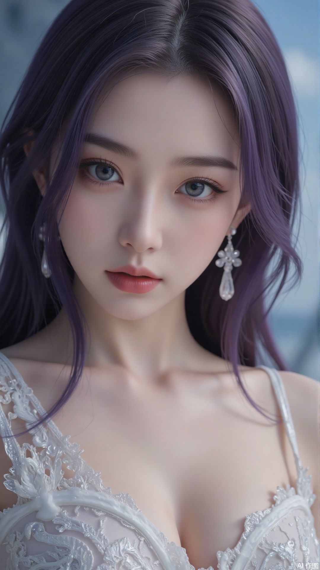 Very detailed face, extremely detailed eyes and face, blue eyes, (vacuum), 8K wallpaper, light leak, beautiful and detailed girl, extremely detailed CGUnity8K wallpaper, an extremely detailed and beautiful, beautiful and detailed eyes, masterpiece, best quality, Real photo level, (frontal shooting panoramic perspective), ( (Full body photo)), dynamic angle, dynamic pose, solo, ancient style silver hairpin with petals, blue sky and white clouds, (C cup), (huge round breasts), slender legs, super good figure, stunning beauty, (whole body in the mirror) , (wearing Lolita nightgown), (light reflects the shadow of the body through the clothes),vacuum,bare and smooth