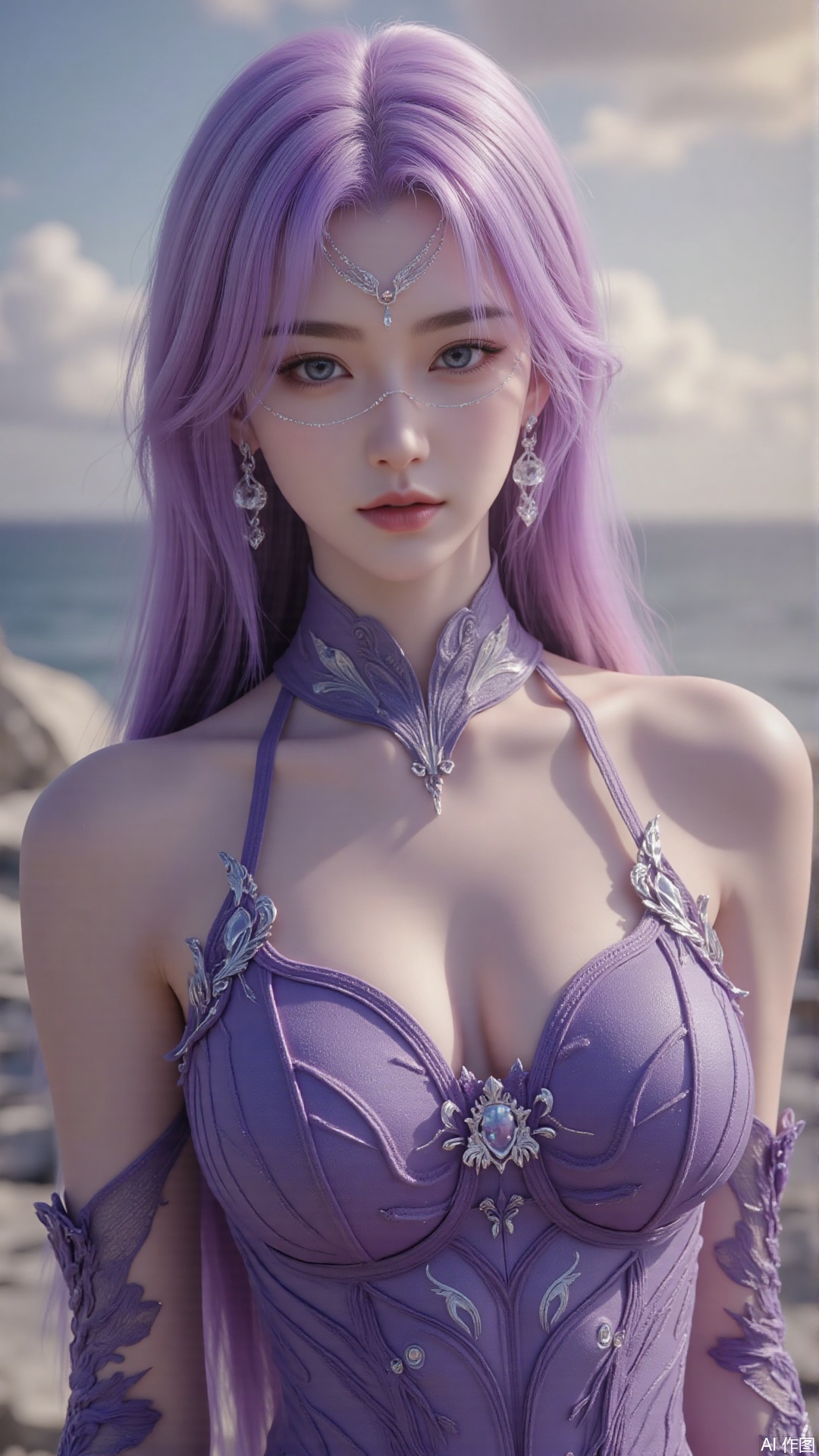 1girl, solo, long hair, purple hair, purple dress, blue eyes, realistic, mischevious smile, perfect body, scenery, sharp focus, best quality, masterpiece, detailed outfit, illustration, perfect eyes, finely detailed beautiful anime eyes, realistic skin, intricate details, best lighting, depth of field, ultra high resolution, cowboy_shot