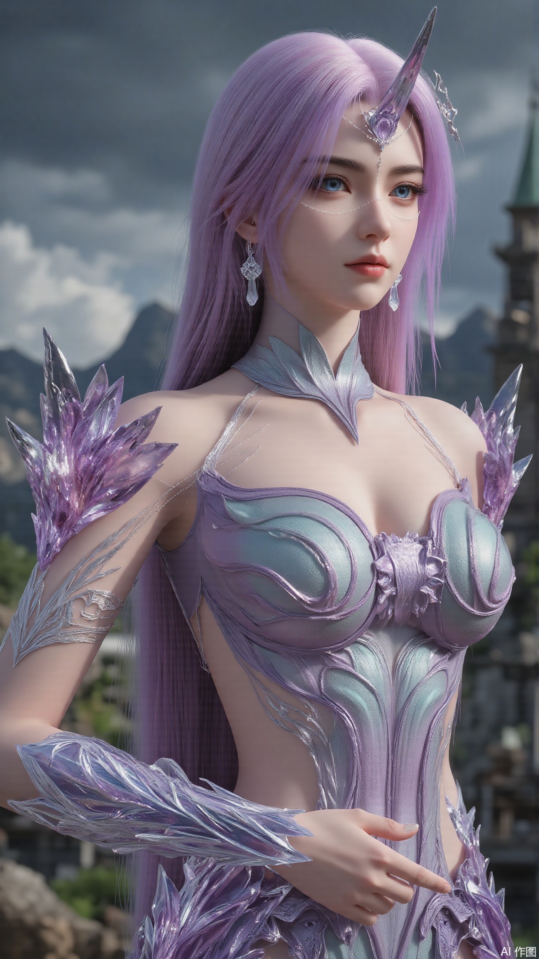 1girl, solo, long hair, purple hair, purple dress, blue eyes, realistic, mischevious smile, perfect body, scenery, sharp focus, best quality, masterpiece, detailed outfit, illustration, perfect eyes, finely detailed beautiful anime eyes, realistic skin, intricate details, best lighting, depth of field, ultra high resolution, cowboy_shot