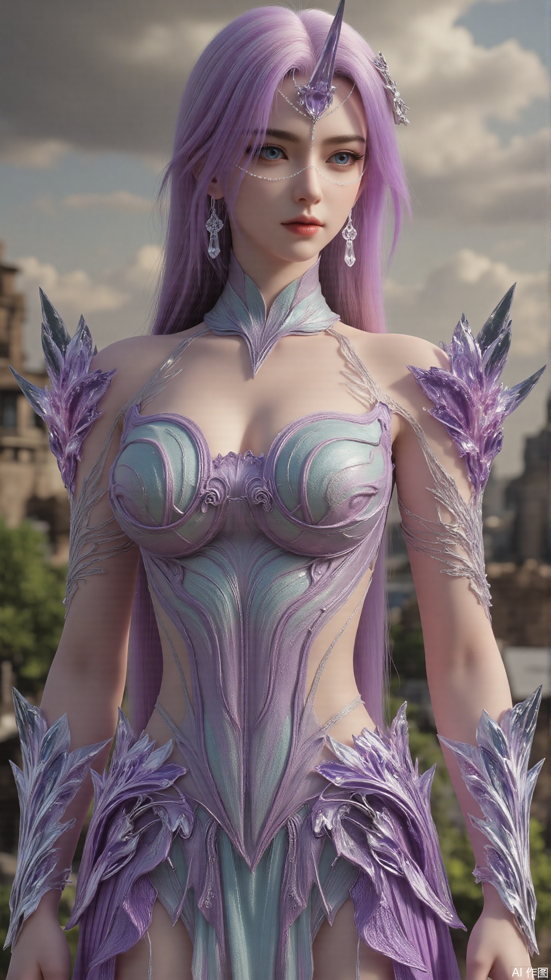 1girl, solo, long hair, purple hair, purple dress, blue eyes, realistic, mischevious smile, perfect body, scenery, sharp focus, best quality, masterpiece, detailed outfit, illustration, perfect eyes, finely detailed beautiful anime eyes, realistic skin, intricate details, best lighting, depth of field, ultra high resolution, cowboy_shot