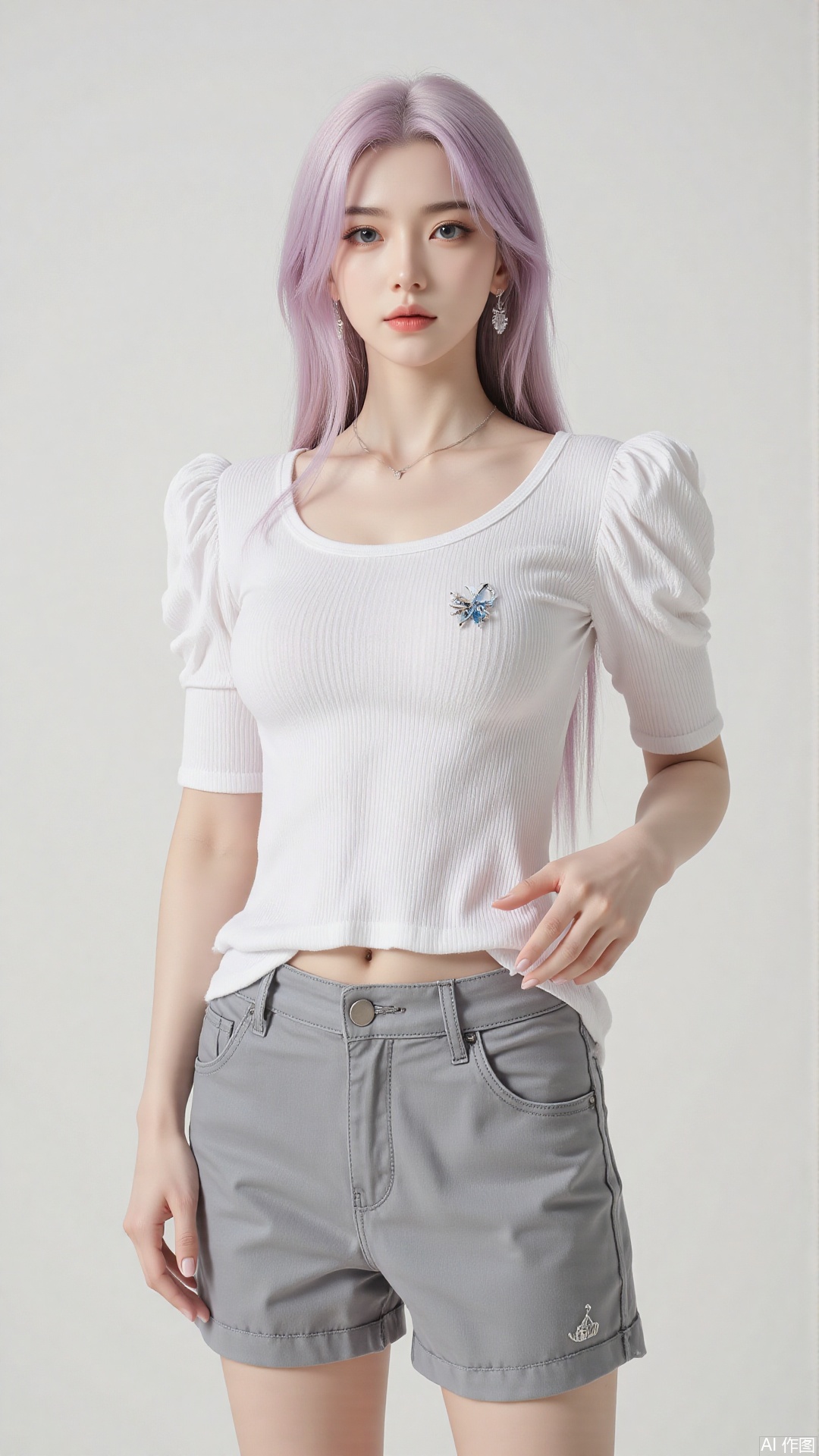 White t-shirt with ”Tim_Yi“ written on it, jeans shorts,1girl